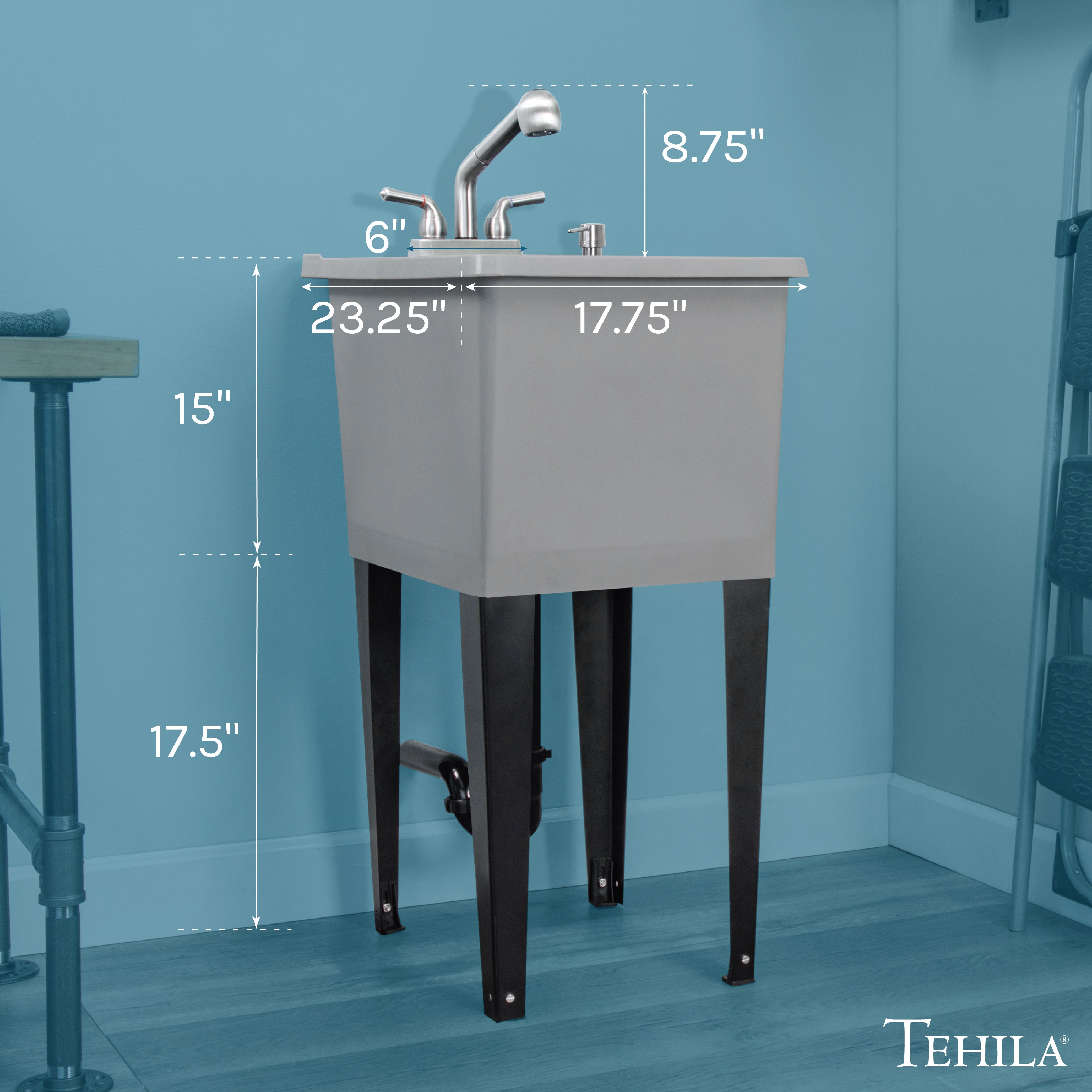 Tehila Space Saver Freestanding Grey Utility Sink with Stainless Steel Finish Pull-Out Faucet