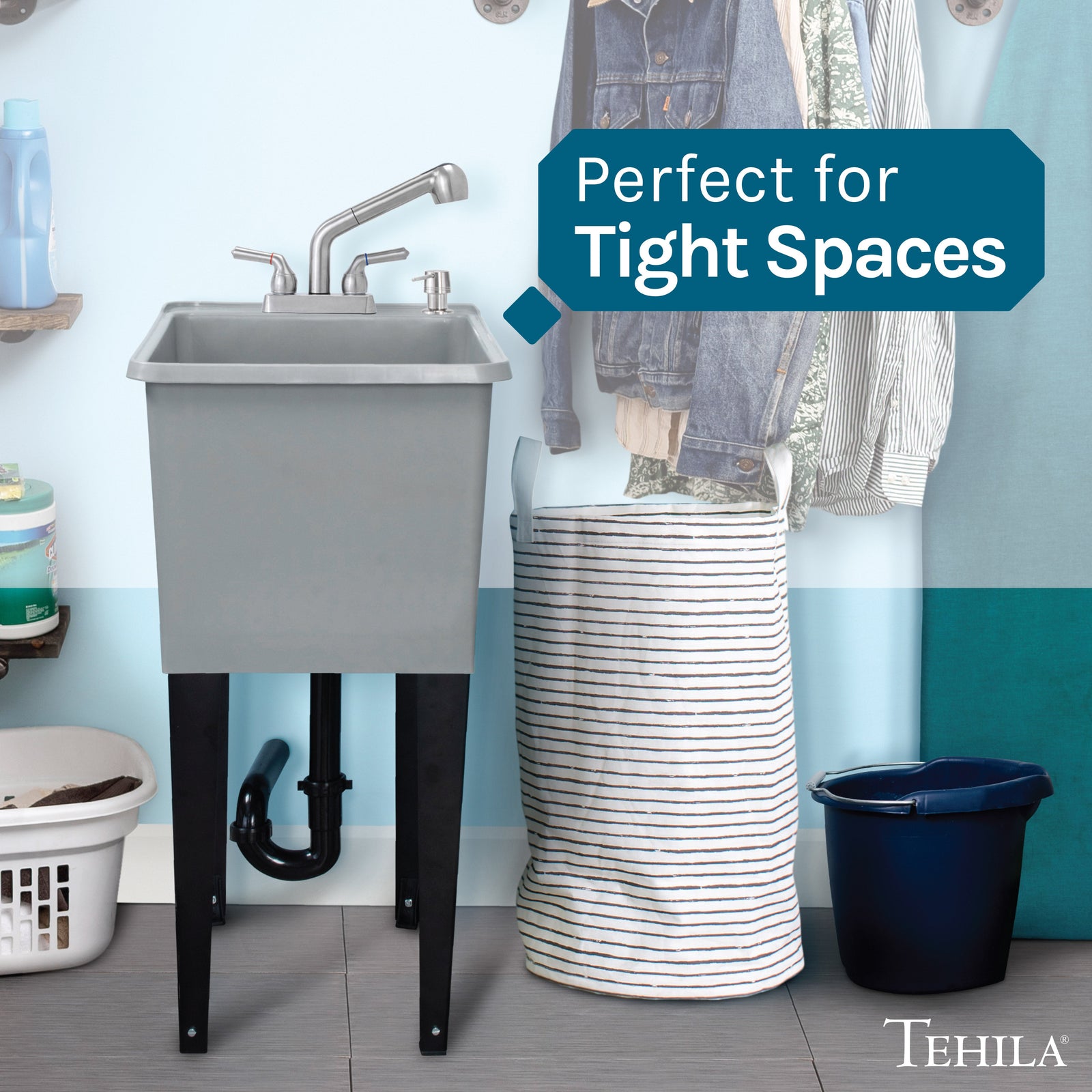 Tehila Space Saver Freestanding Grey Utility Sink with Stainless Steel Finish Pull-Out Faucet