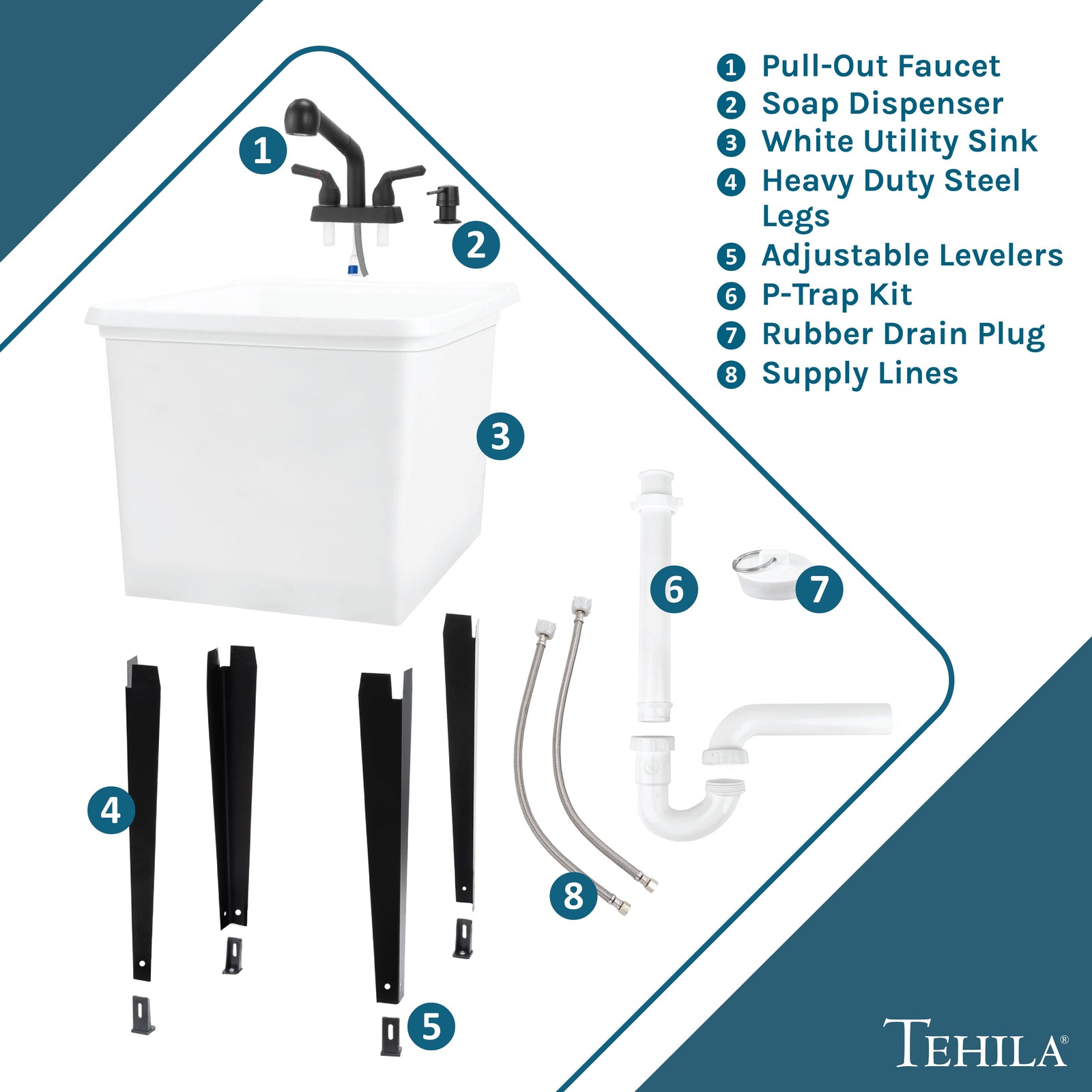 Tehila Space Saver Freestanding White Utility Sink with Black Finish Pull-Out Faucet