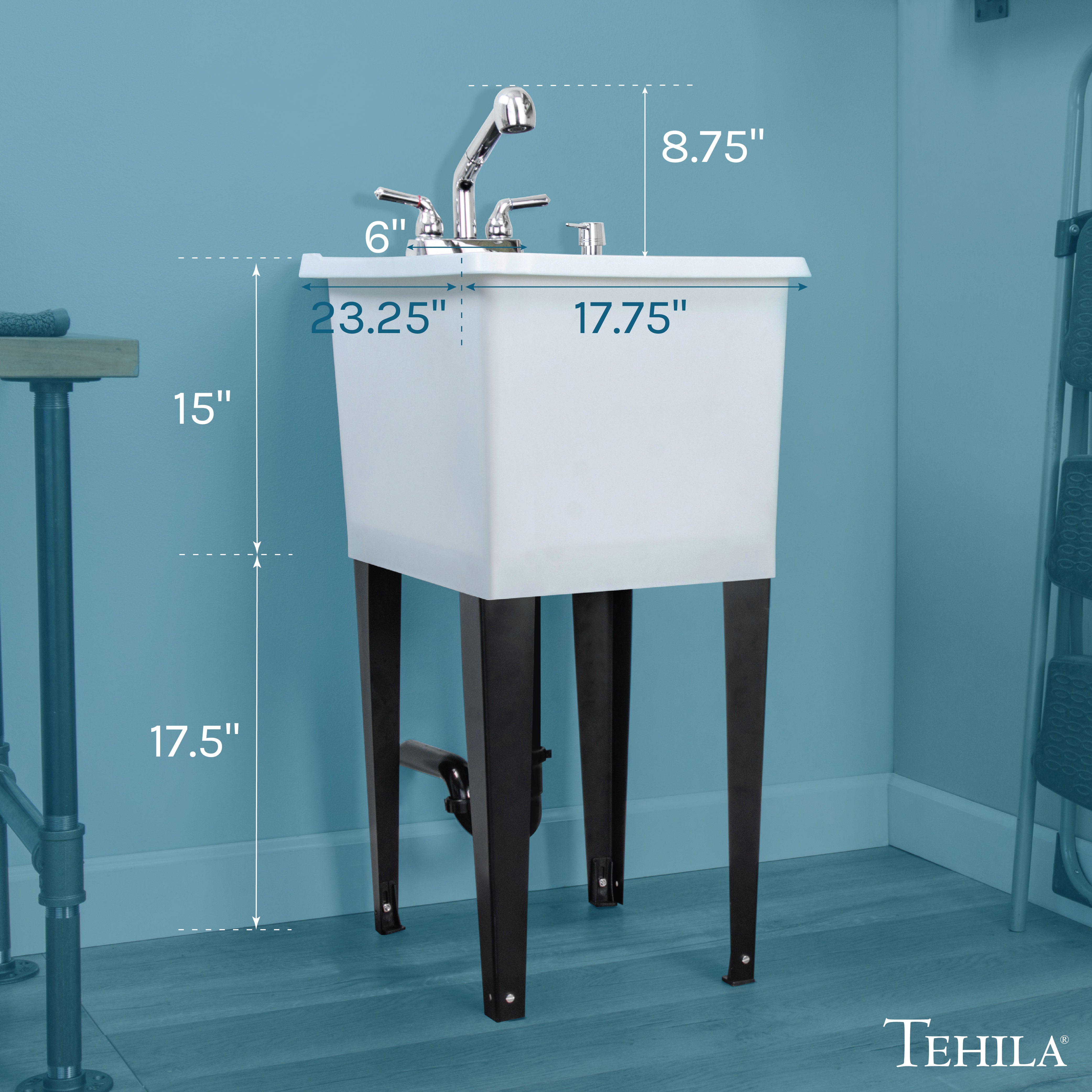Tehila Space Saver Freestanding White Utility Sink with Chrome Finish Pull-Out Faucet