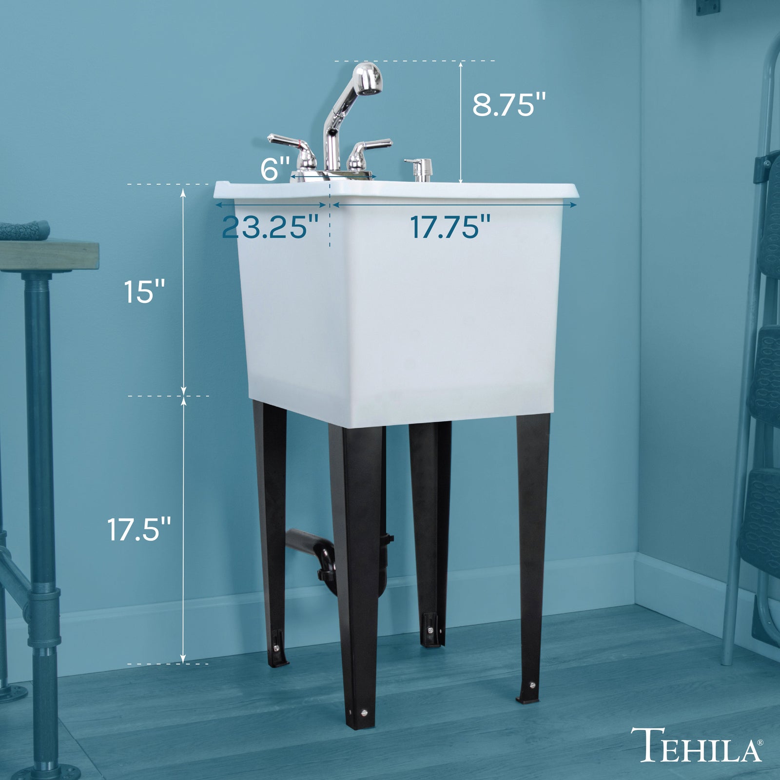 Tehila Space Saver Freestanding White Utility Sink with Chrome Finish Pull-Out Faucet