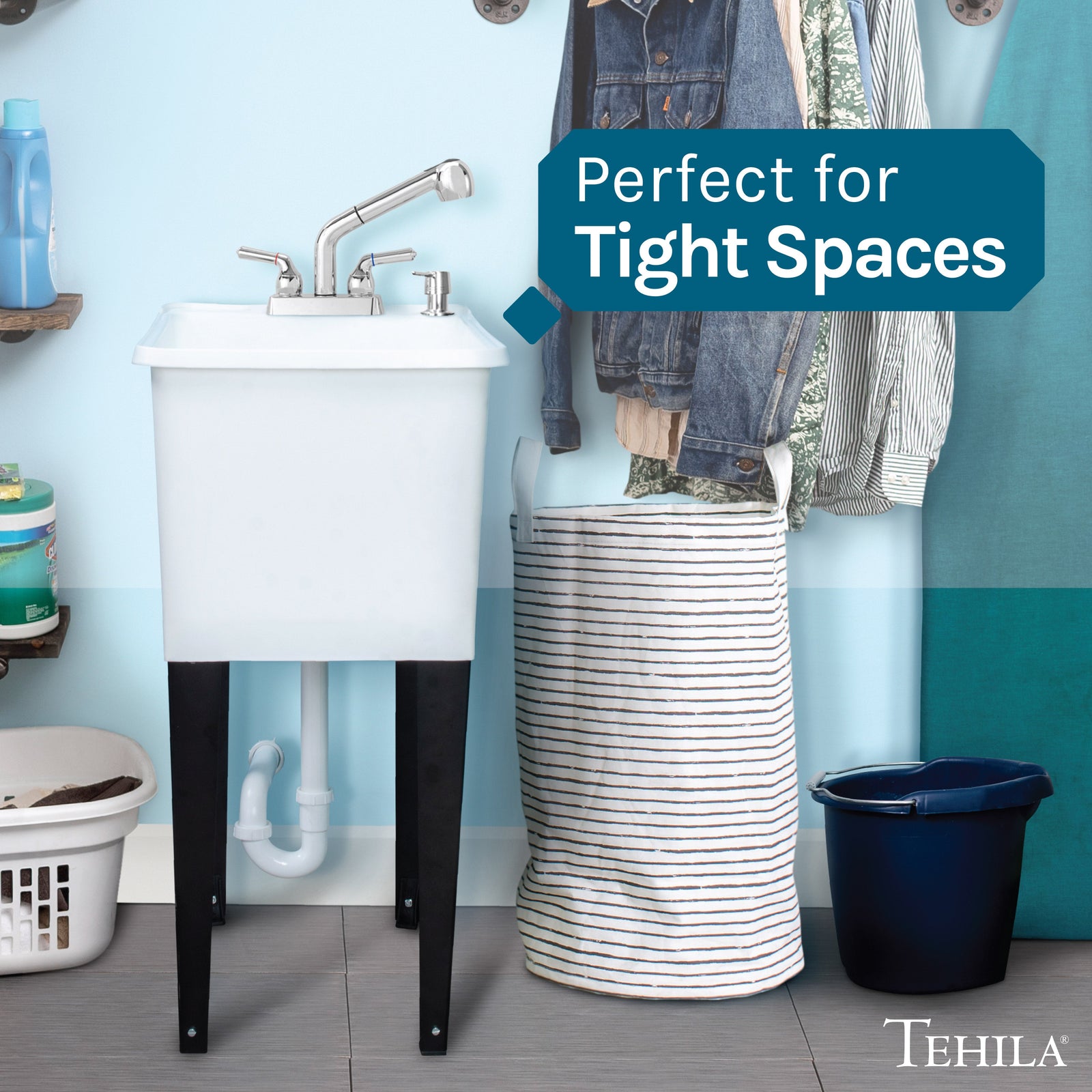 Tehila Space Saver Freestanding White Utility Sink with Chrome Finish Pull-Out Faucet
