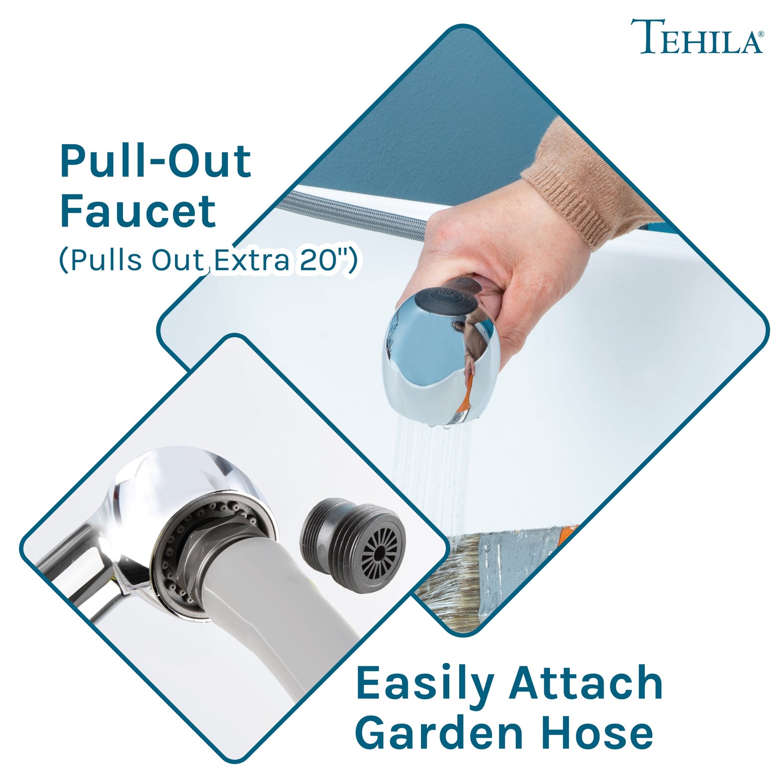 Tehila Space Saver Freestanding White Utility Sink with Chrome Finish Pull-Out Faucet