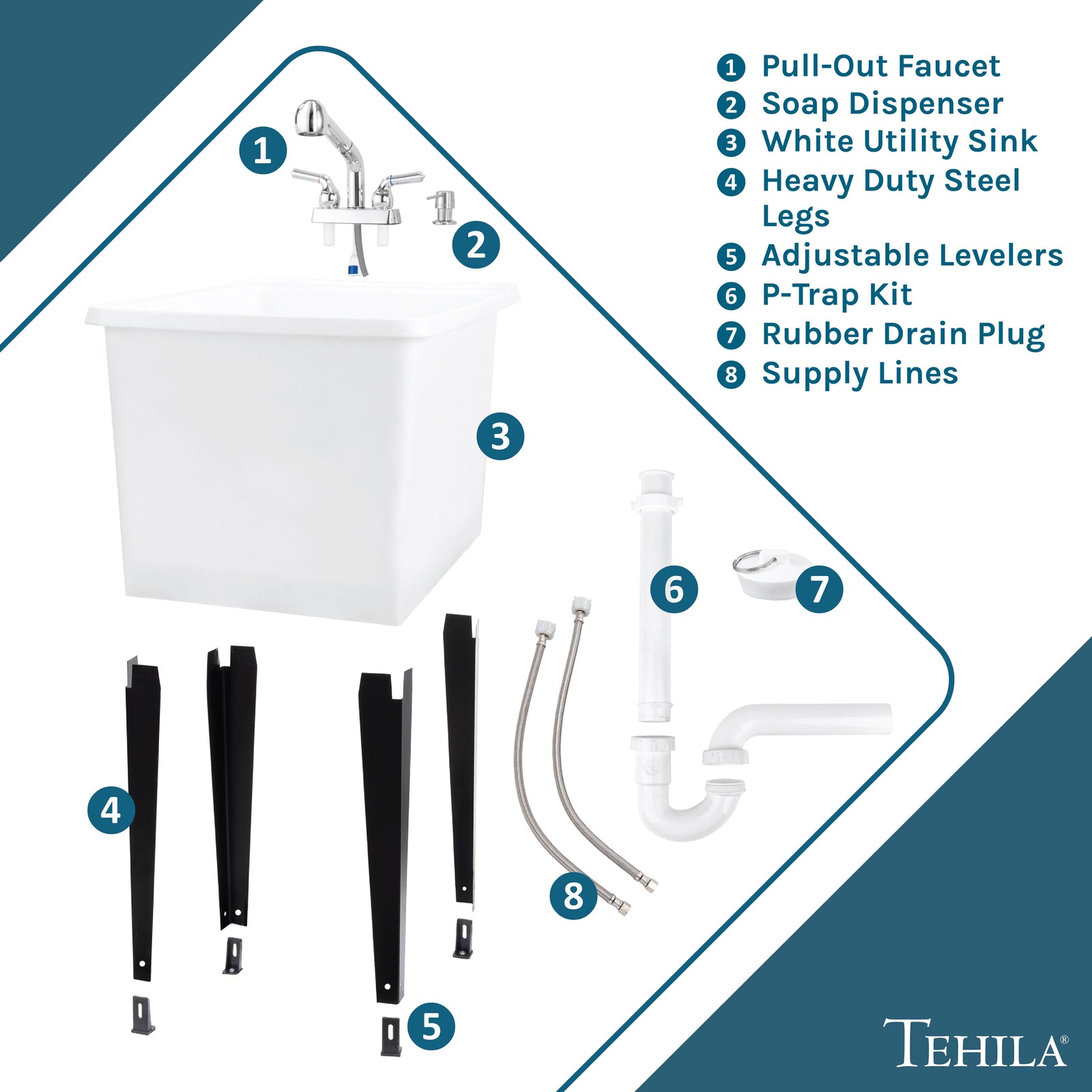 Tehila Space Saver Freestanding White Utility Sink with Chrome Finish Pull-Out Faucet