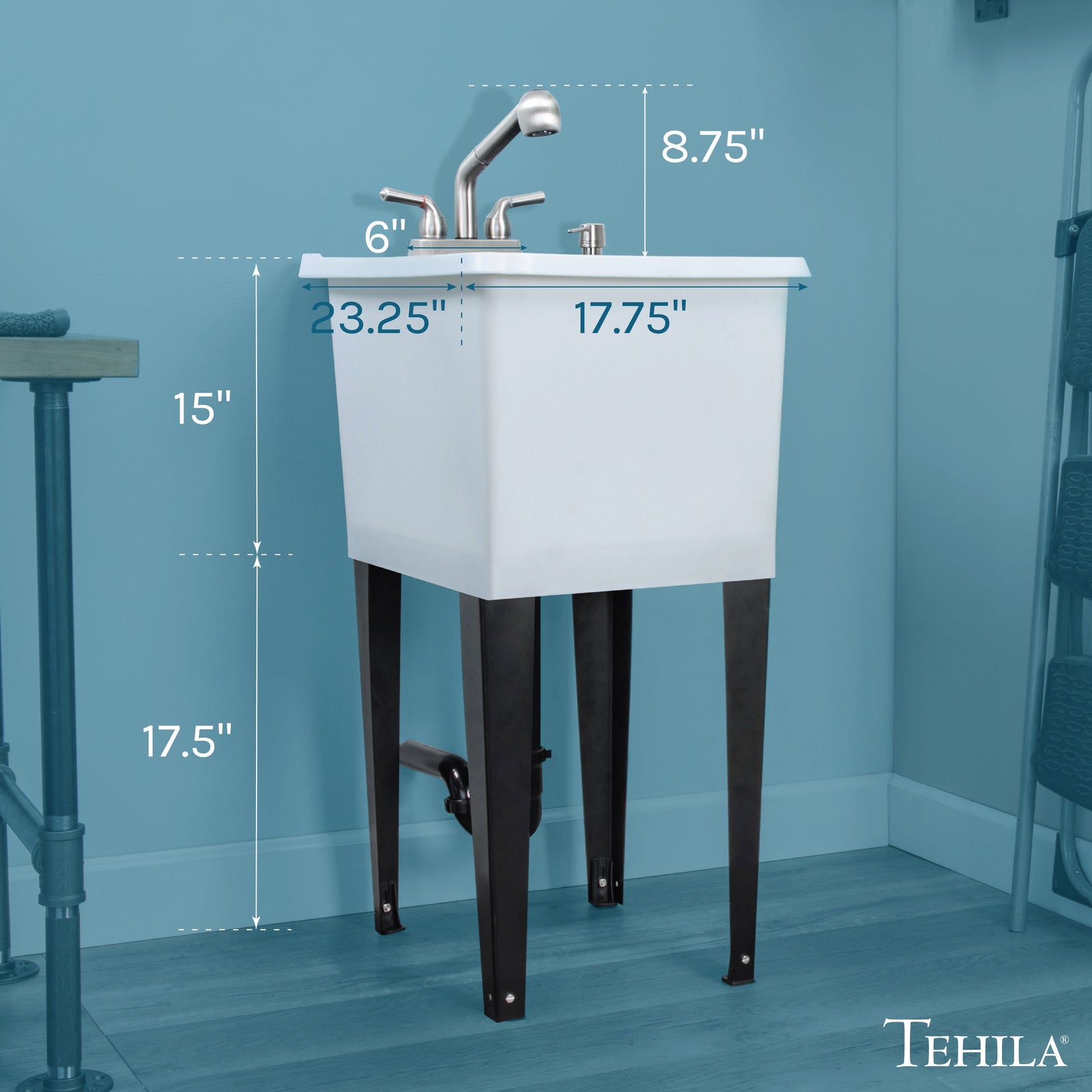 Tehila Space Saver Freestanding White Utility Sink with Stainless Steel Finish Pull-Out Faucet