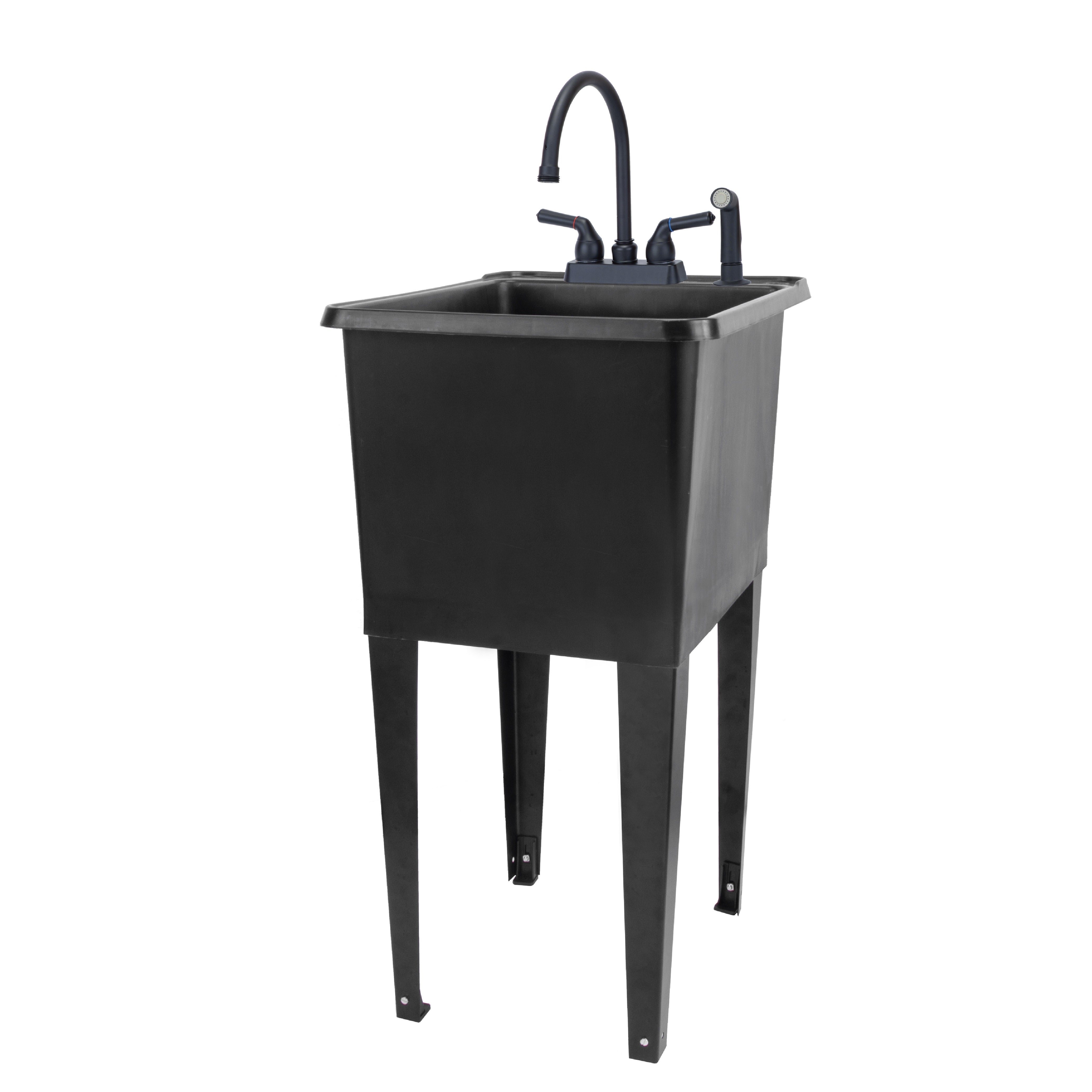 Tehila Space Saver Freestanding Black Utility Sink with Black Finish Gooseneck Faucet and Side Sprayer