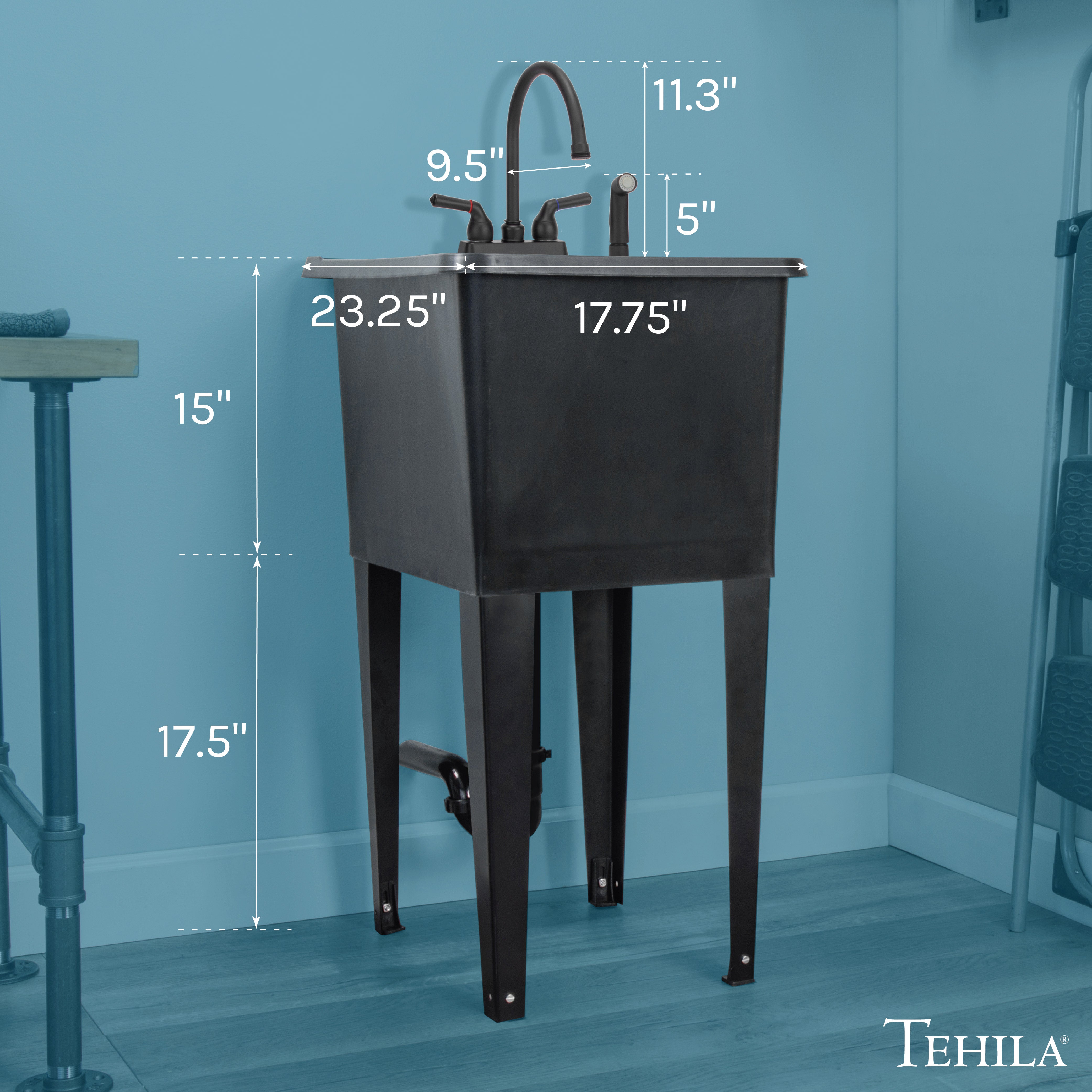 Tehila Space Saver Freestanding Black Utility Sink with Black Finish Gooseneck Faucet and Side Sprayer