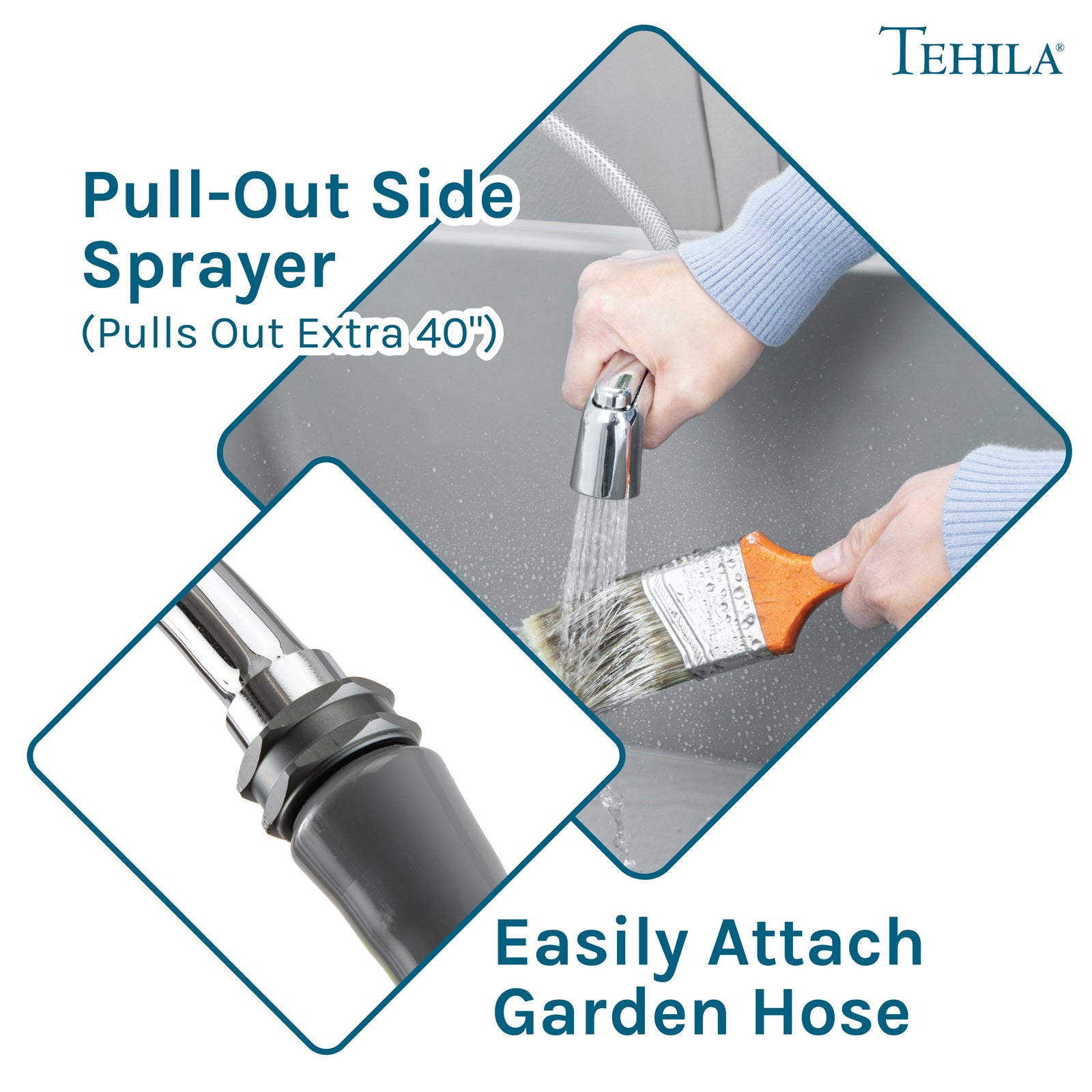 Tehila Space Saver Freestanding Grey Utility Sink with Chrome Finish Gooseneck Faucet and Side Sprayer