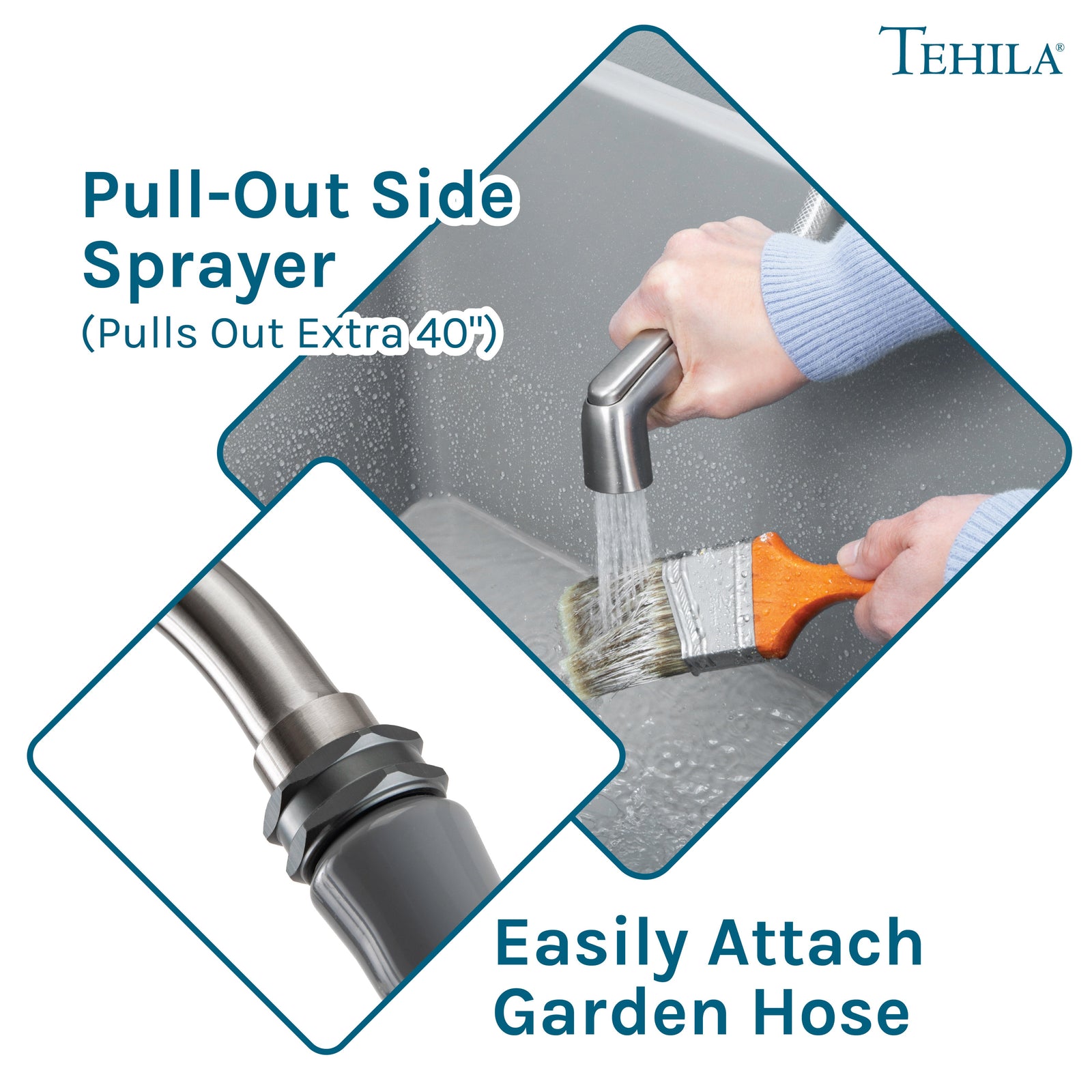 Tehila Space Saver Freestanding Grey Utility Sink with Stainless Steel Finish Gooseneck Faucet and Side Sprayer