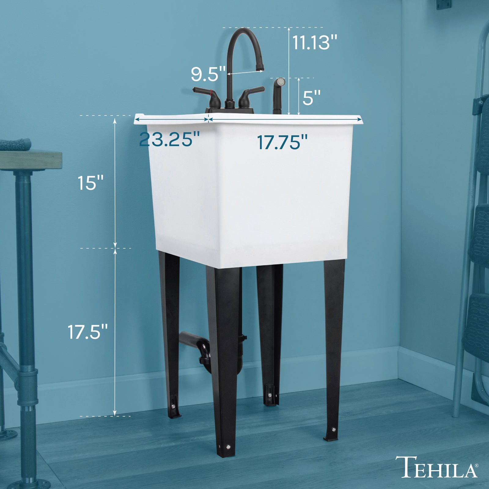 Tehila Space Saver Freestanding White Utility Sink with Black Finish Gooseneck Faucet and Side Sprayer