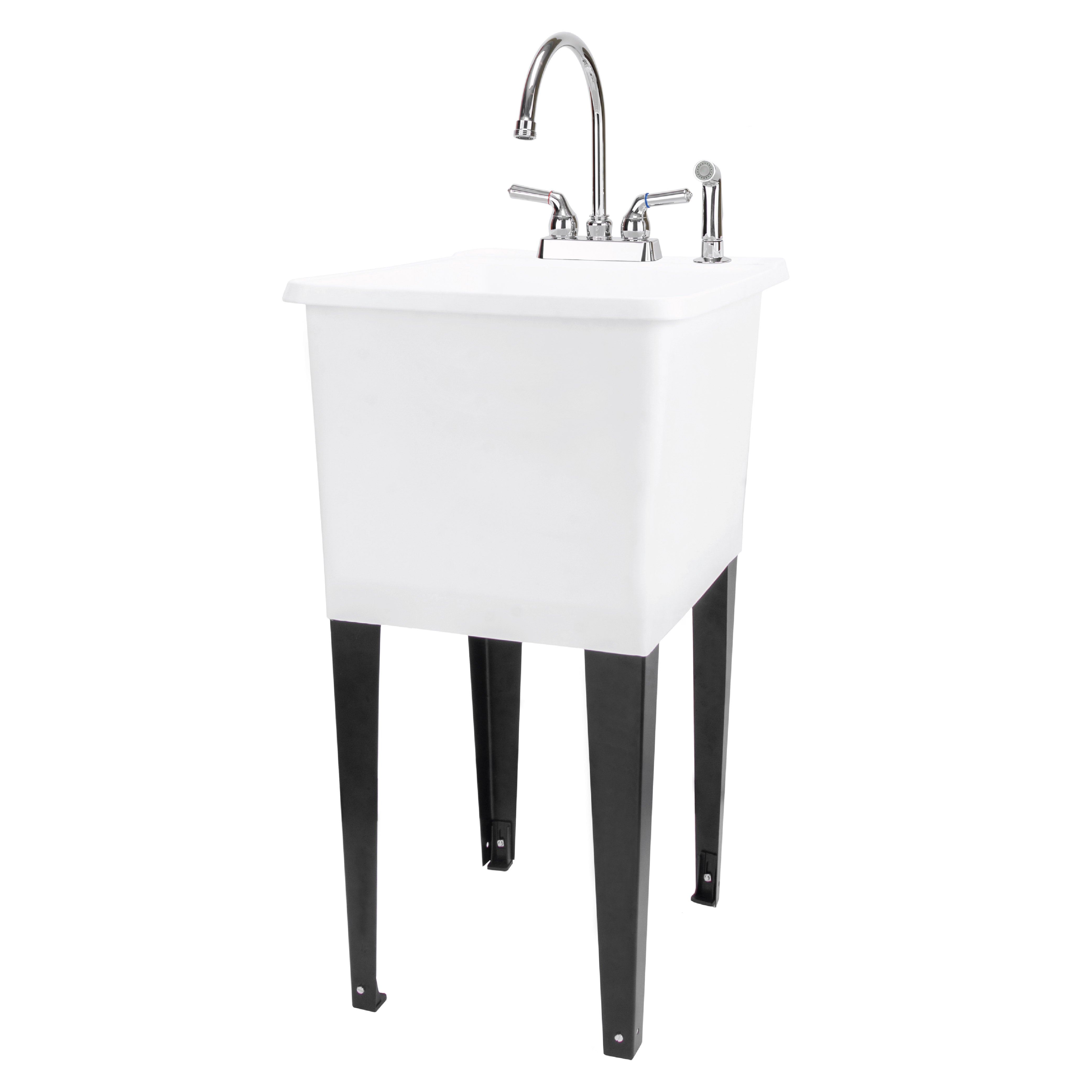 Tehila Space Saver Freestanding White Utility Sink with Chrome Finish Gooseneck Faucet and Side Sprayer