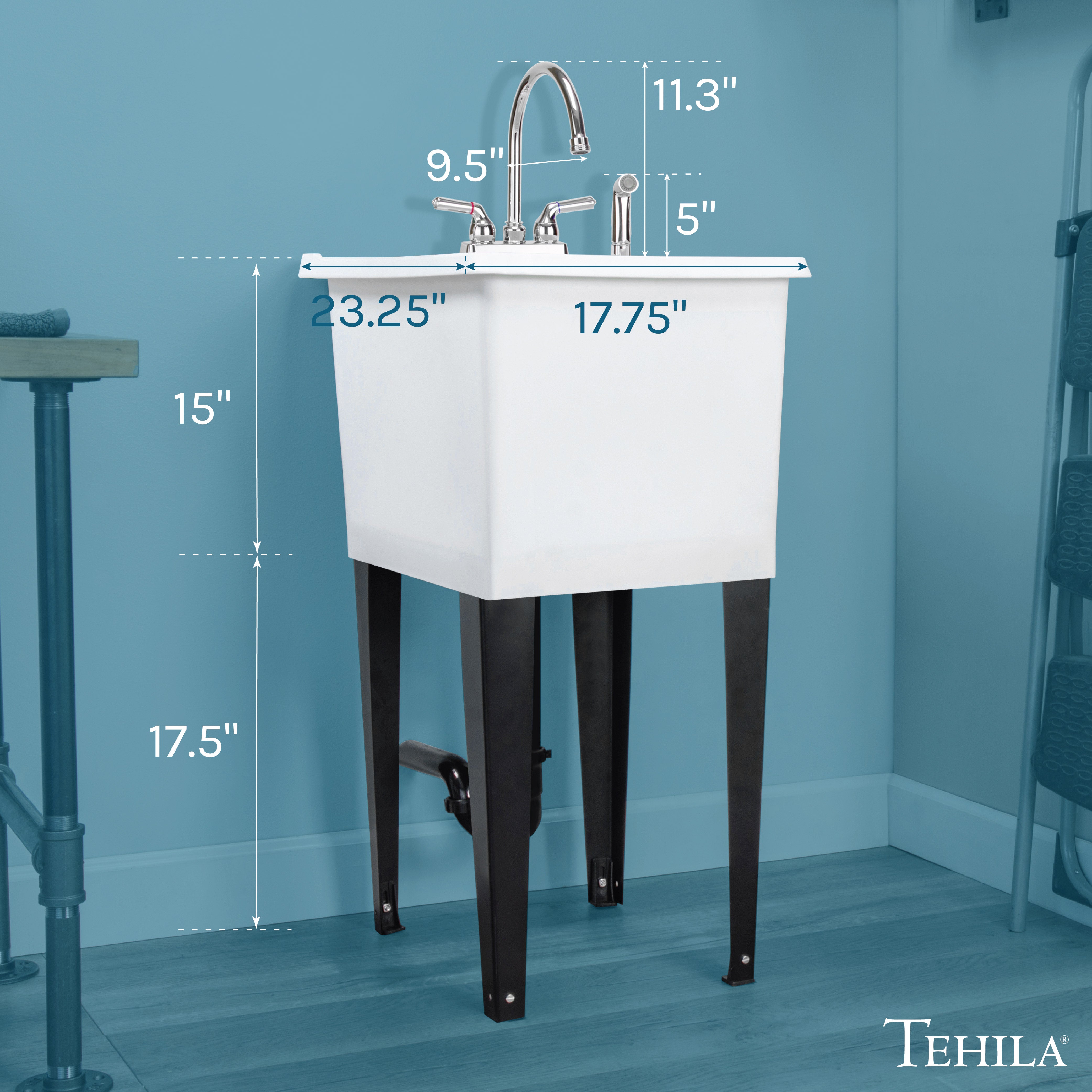 Tehila Space Saver Freestanding White Utility Sink with Chrome Finish Gooseneck Faucet and Side Sprayer