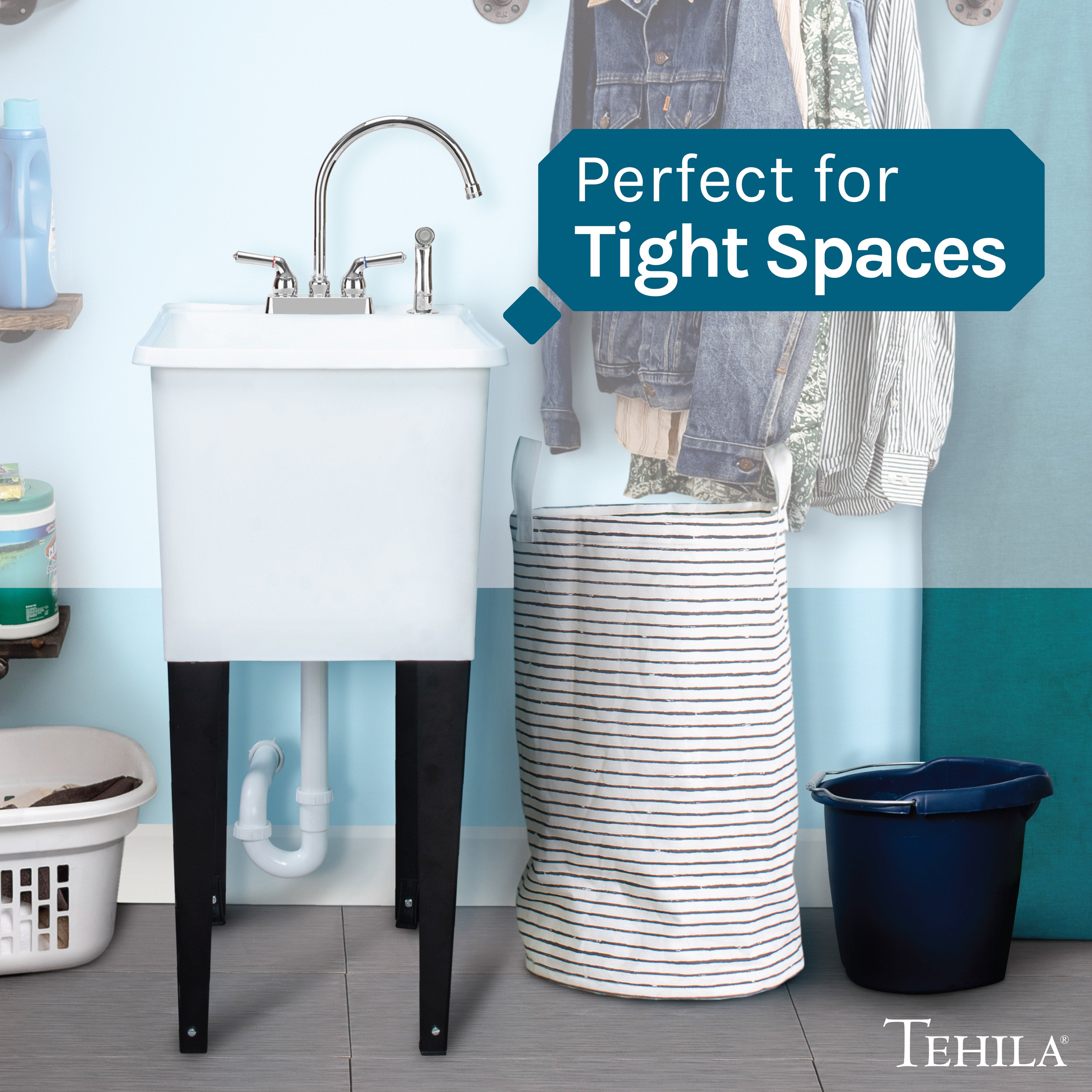 Tehila Space Saver Freestanding White Utility Sink with Chrome Finish Gooseneck Faucet and Side Sprayer