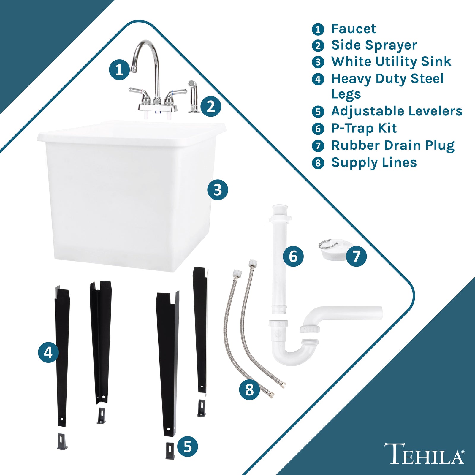 Tehila Space Saver Freestanding White Utility Sink with Chrome Finish Gooseneck Faucet and Side Sprayer