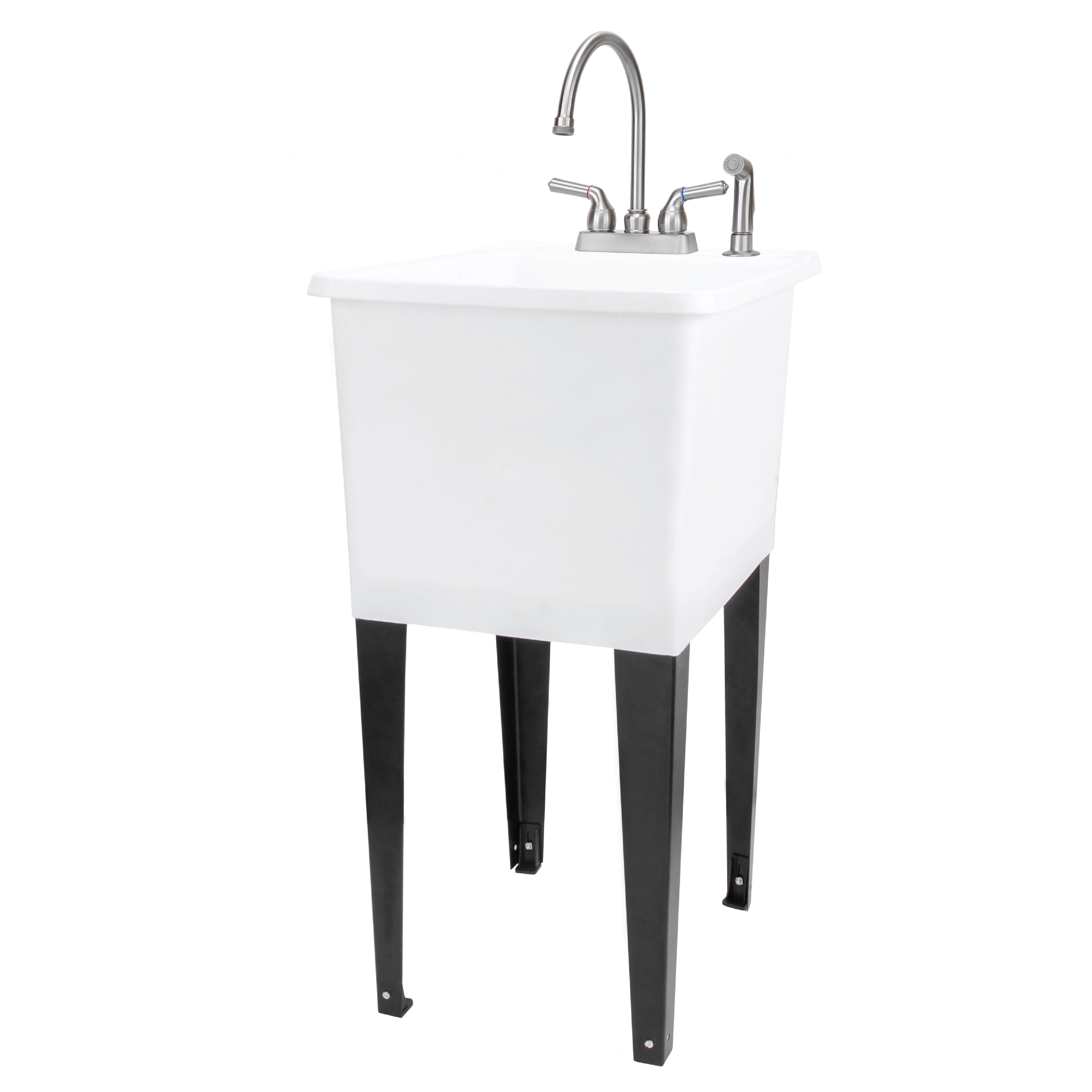 Tehila Space Saver Freestanding White Utility Sink with Stainless Steel Finish Gooseneck Faucet and Side Sprayer
