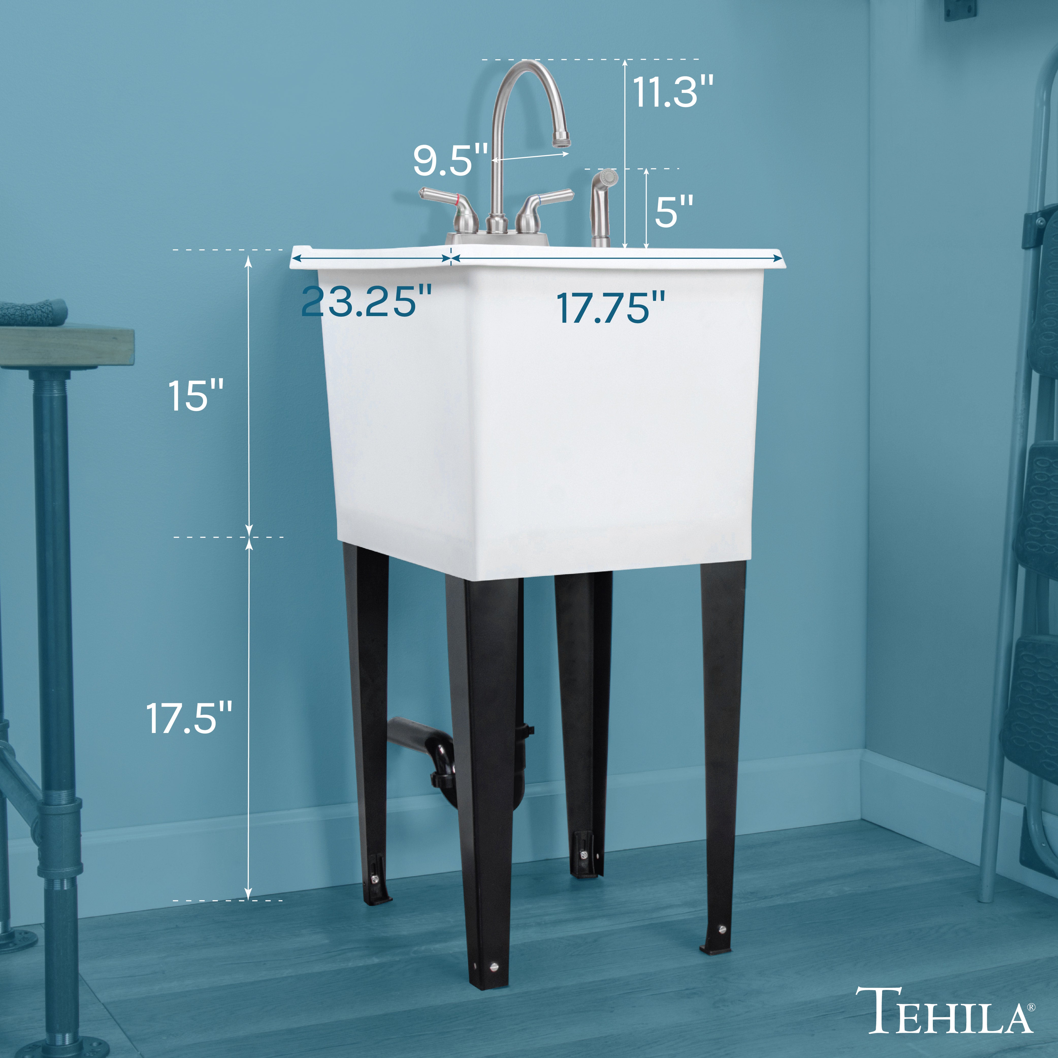 Tehila Space Saver Freestanding White Utility Sink with Stainless Steel Finish Gooseneck Faucet and Side Sprayer