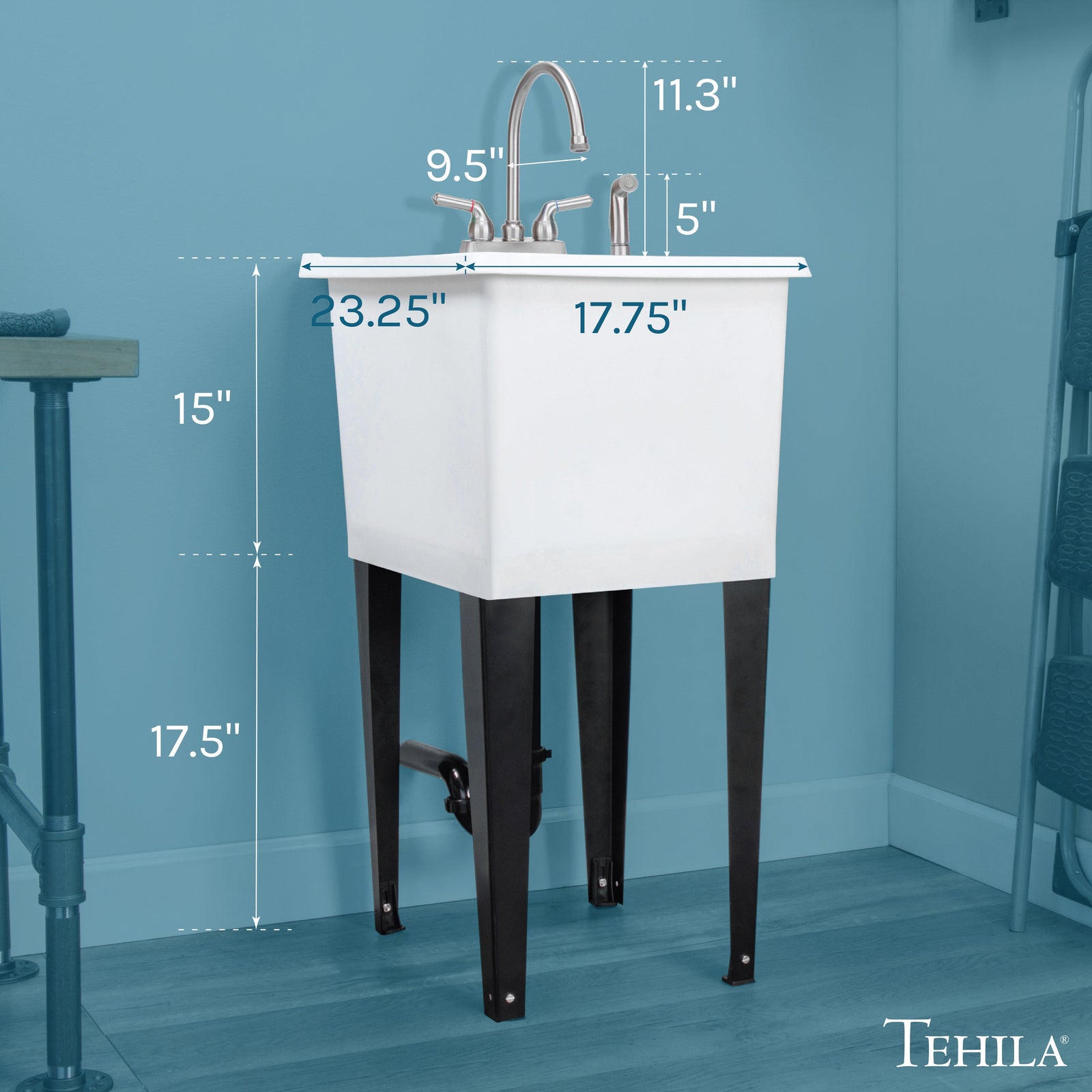 Tehila Space Saver Freestanding White Utility Sink with Stainless Steel Finish Gooseneck Faucet and Side Sprayer