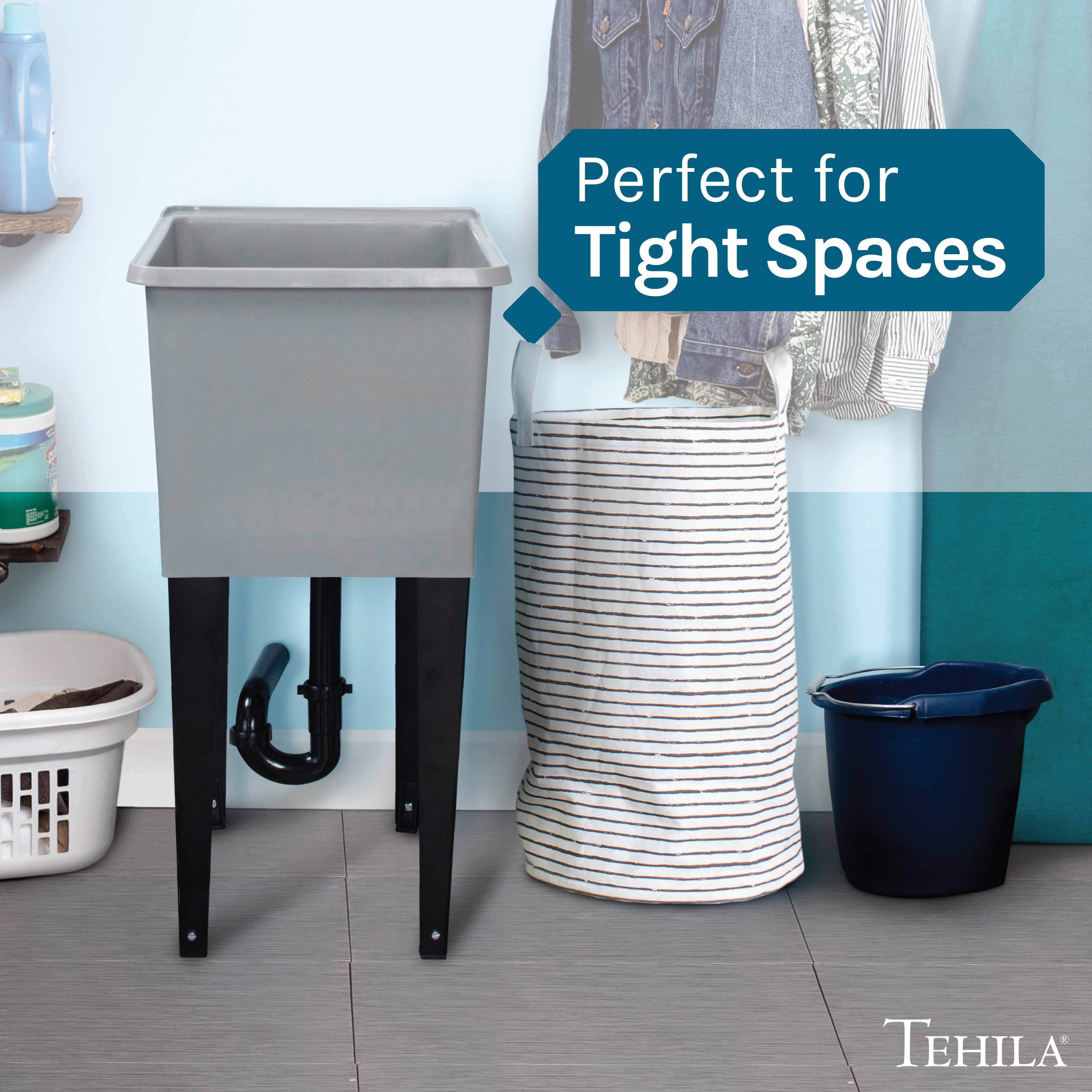Tehila Space Saver Freestanding Grey Utility Sink