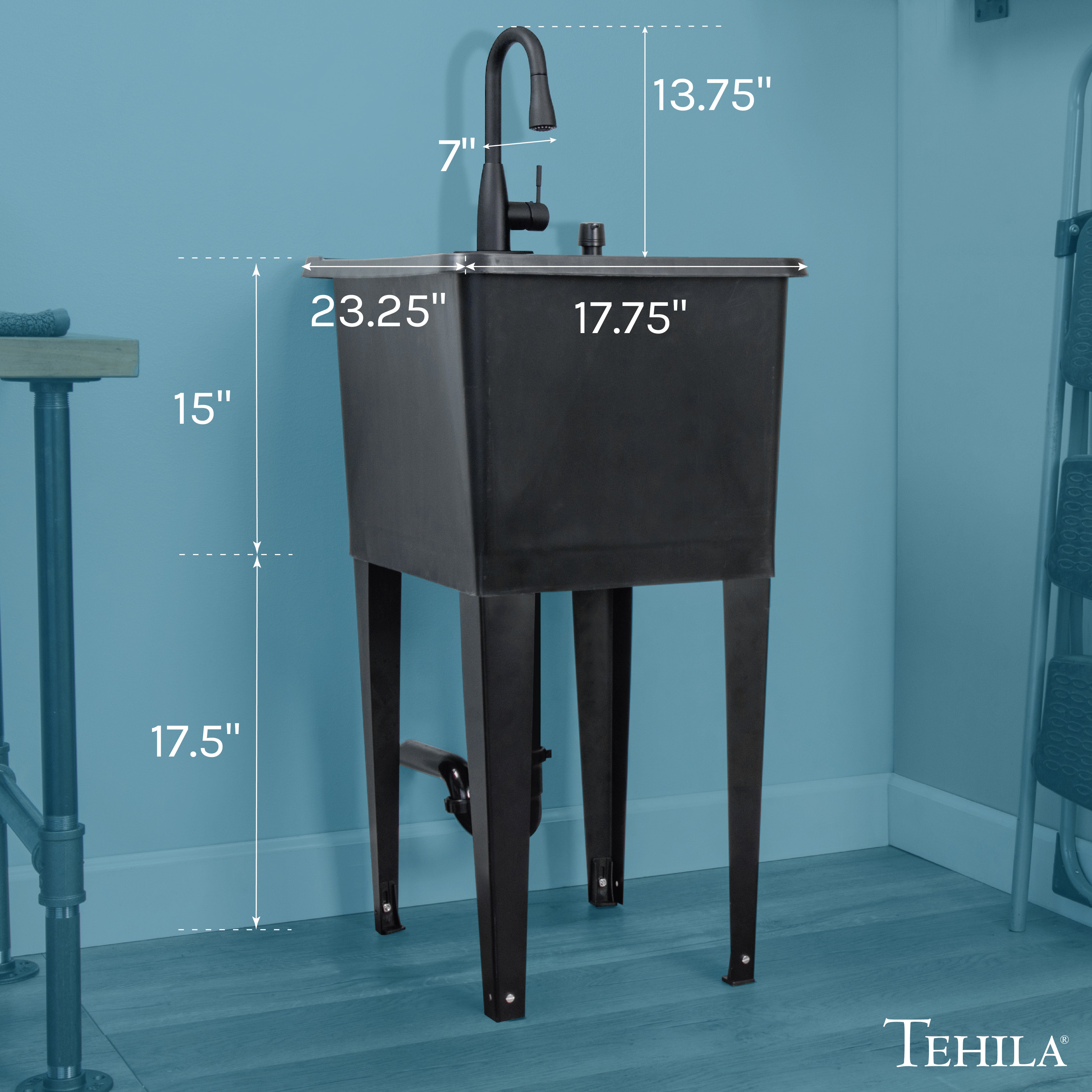 Tehila Space Saver Freestanding Black Utility Sink with Black Finish Low-Profile Pull-Down Faucet