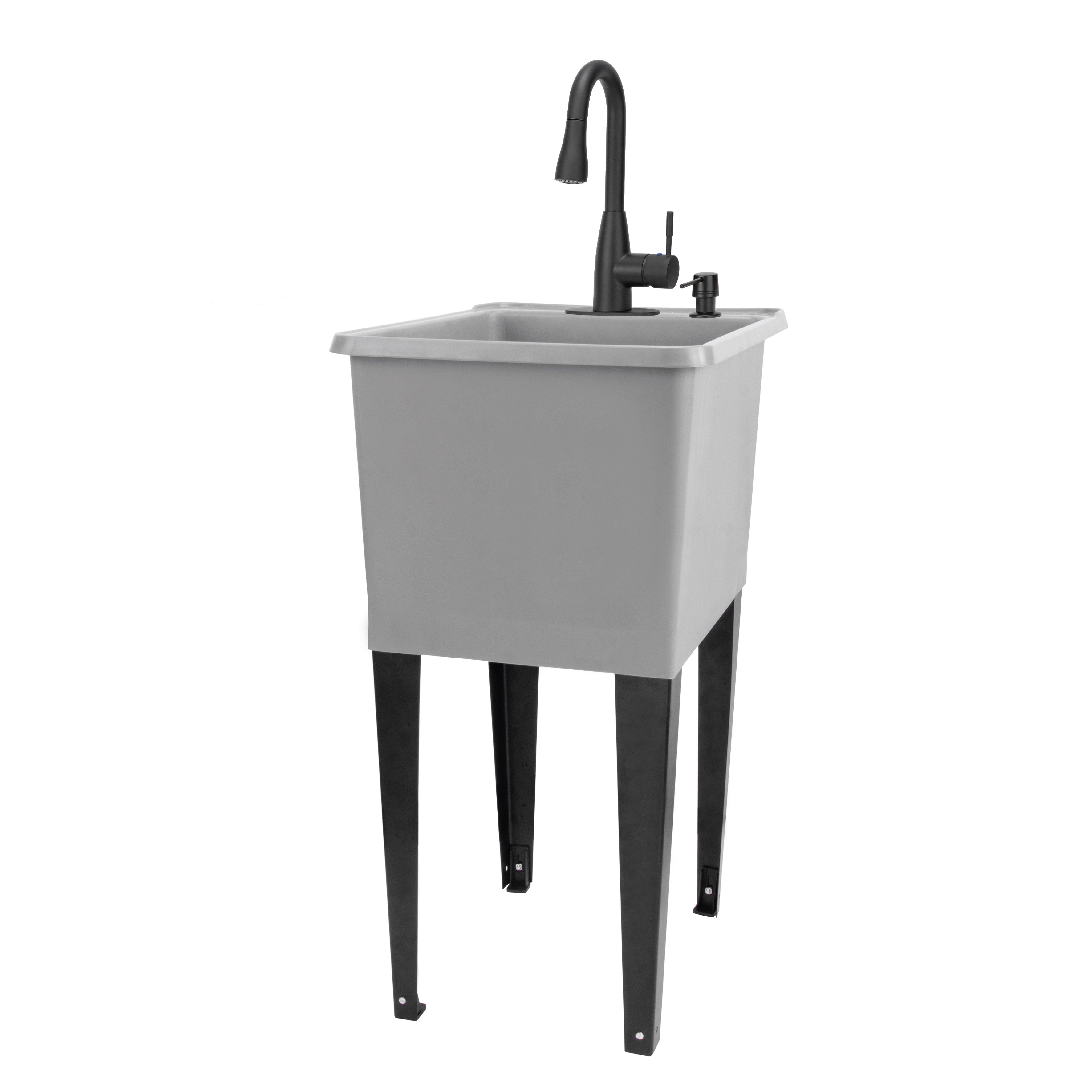 Tehila Space Saver Freestanding Grey Utility Sink with Black Finish Low-Profile Pull-Down Faucet
