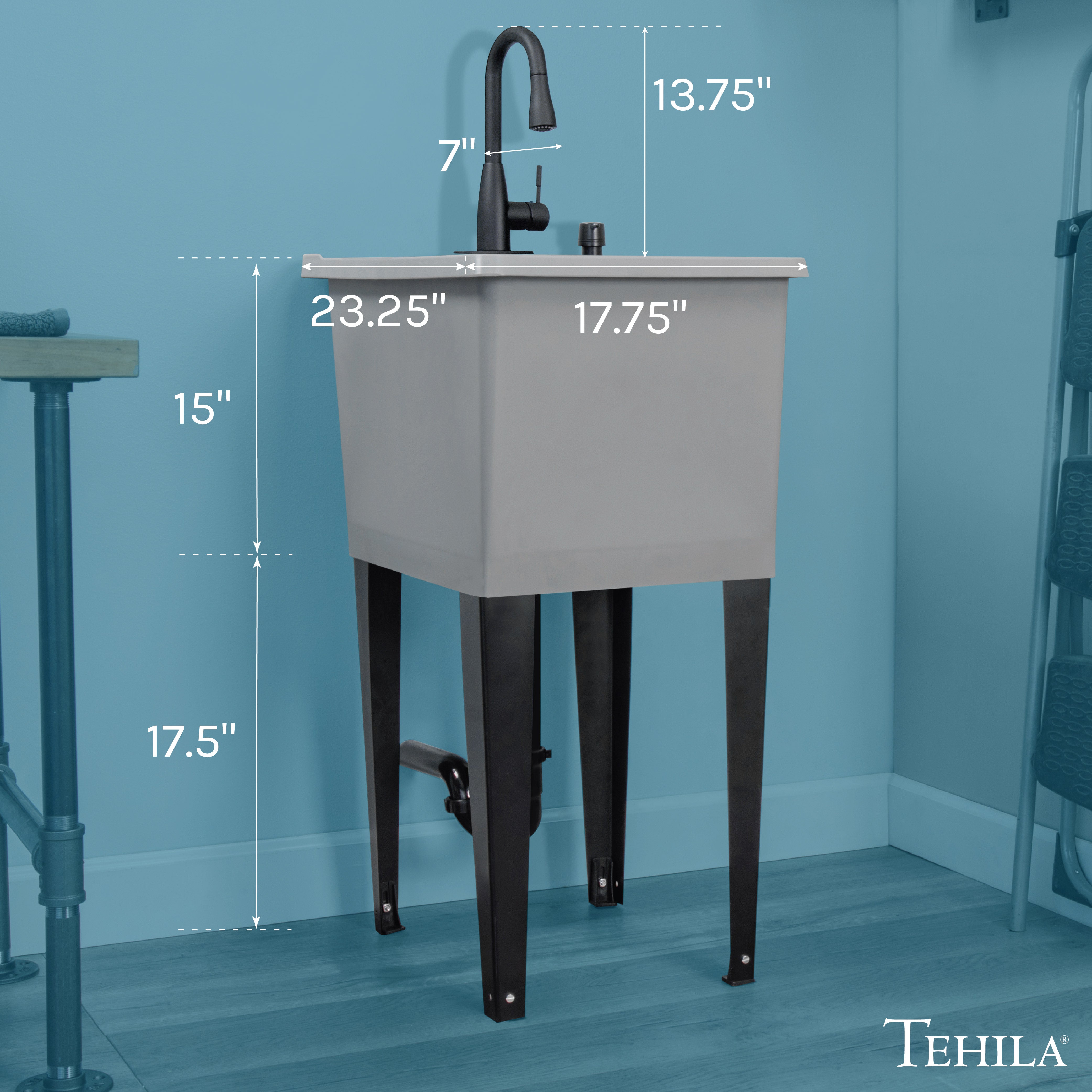 Tehila Space Saver Freestanding Grey Utility Sink with Black Finish Low-Profile Pull-Down Faucet