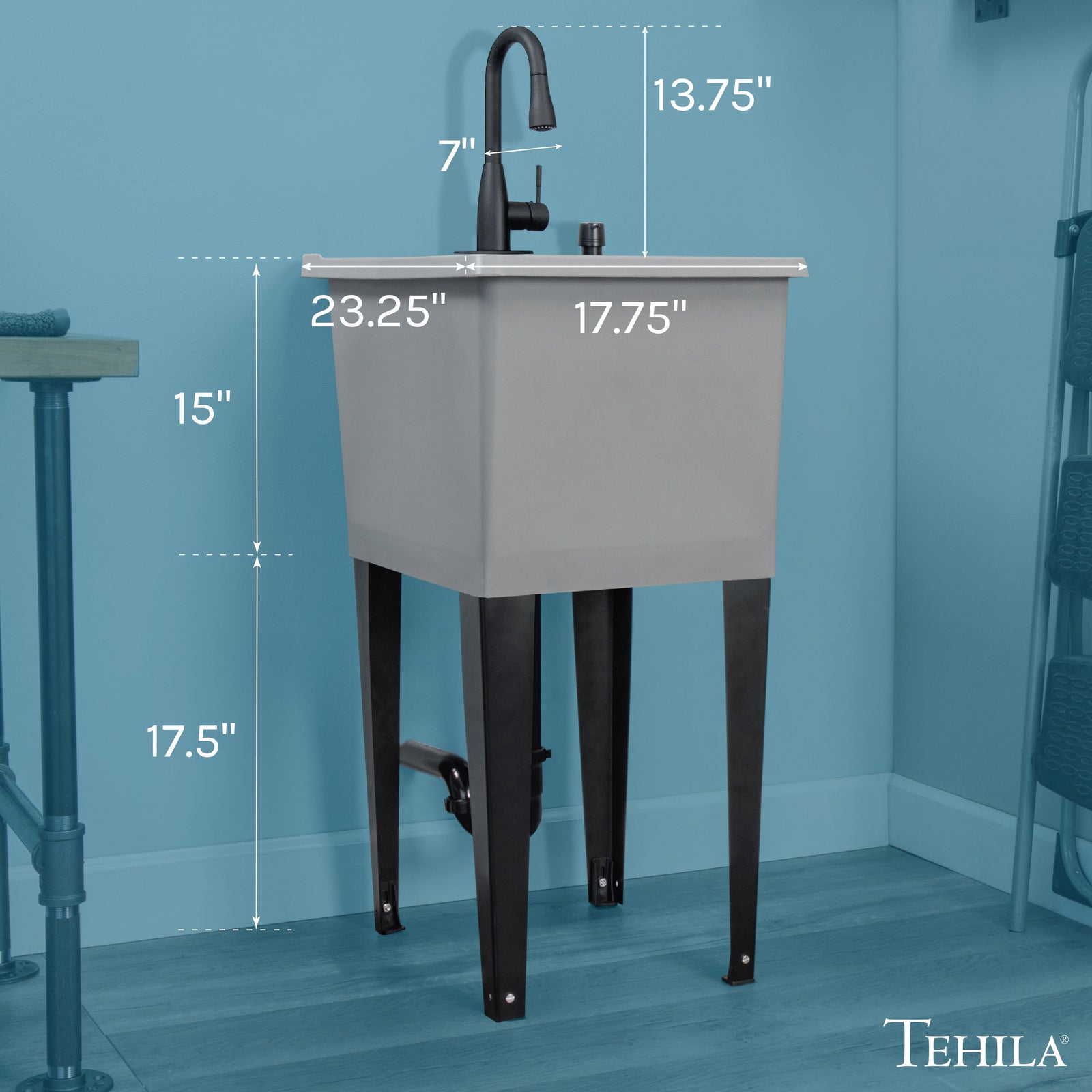 Tehila Space Saver Freestanding Grey Utility Sink with Black Finish Low-Profile Pull-Down Faucet