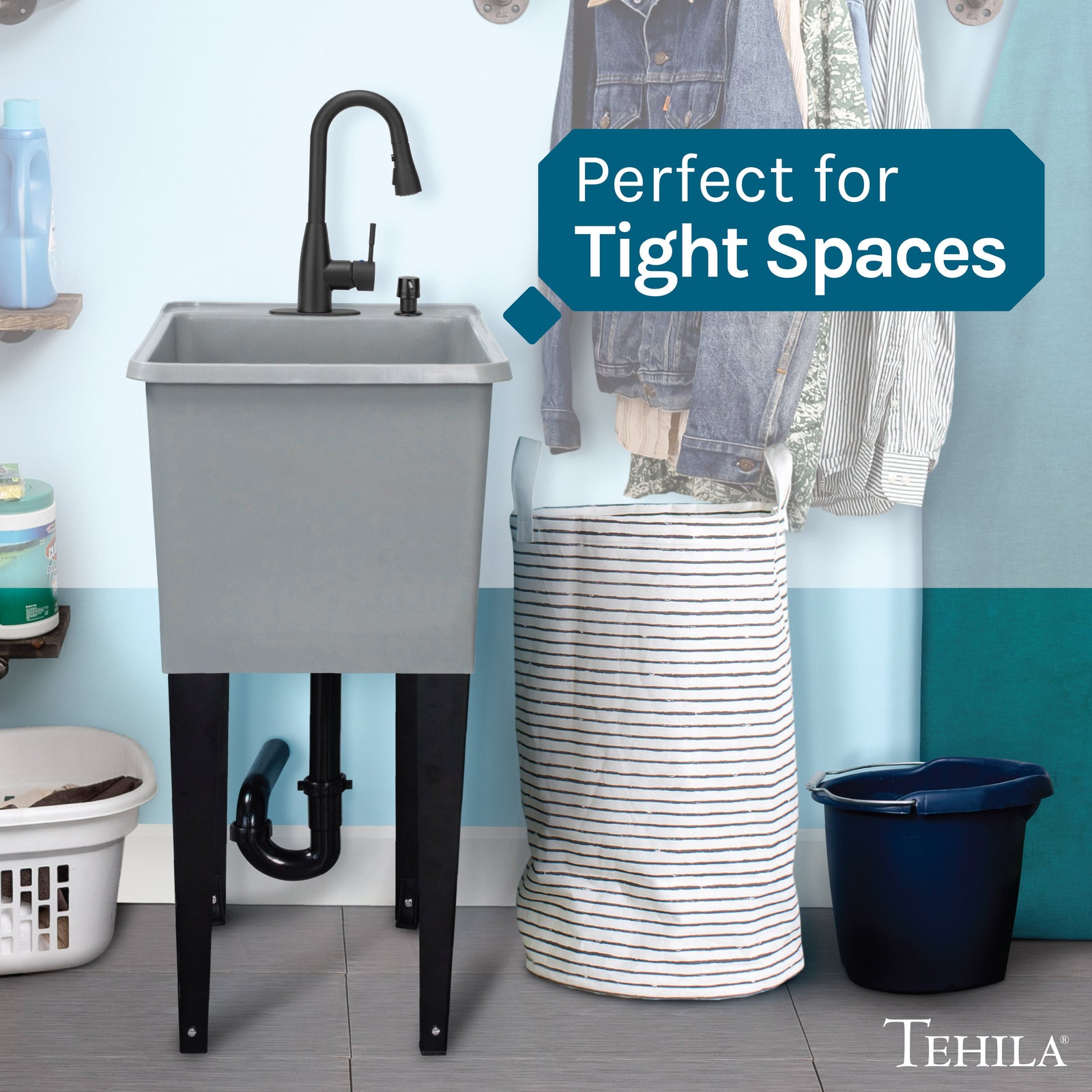 Tehila Space Saver Freestanding Grey Utility Sink with Black Finish Low-Profile Pull-Down Faucet