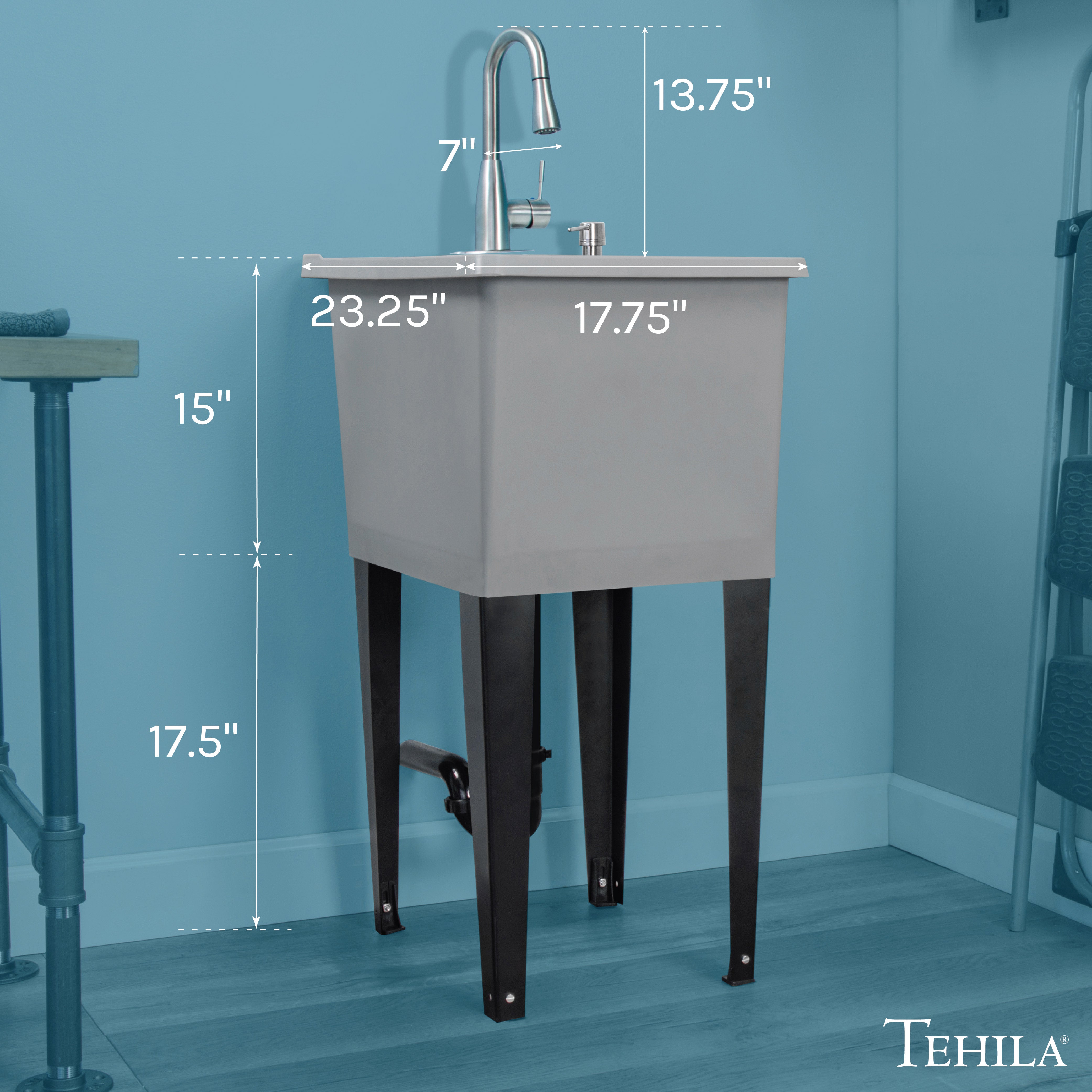 Tehila Space Saver Freestanding Grey Utility Sink with Stainless Steel Finish Low-Profile Pull-Down Faucet