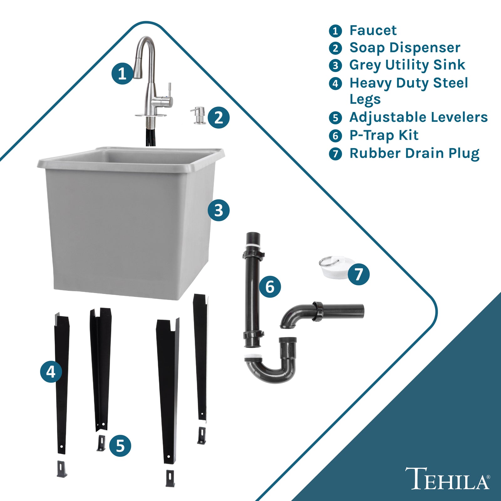 Tehila Space Saver Freestanding Grey Utility Sink with Stainless Steel Finish Low-Profile Pull-Down Faucet