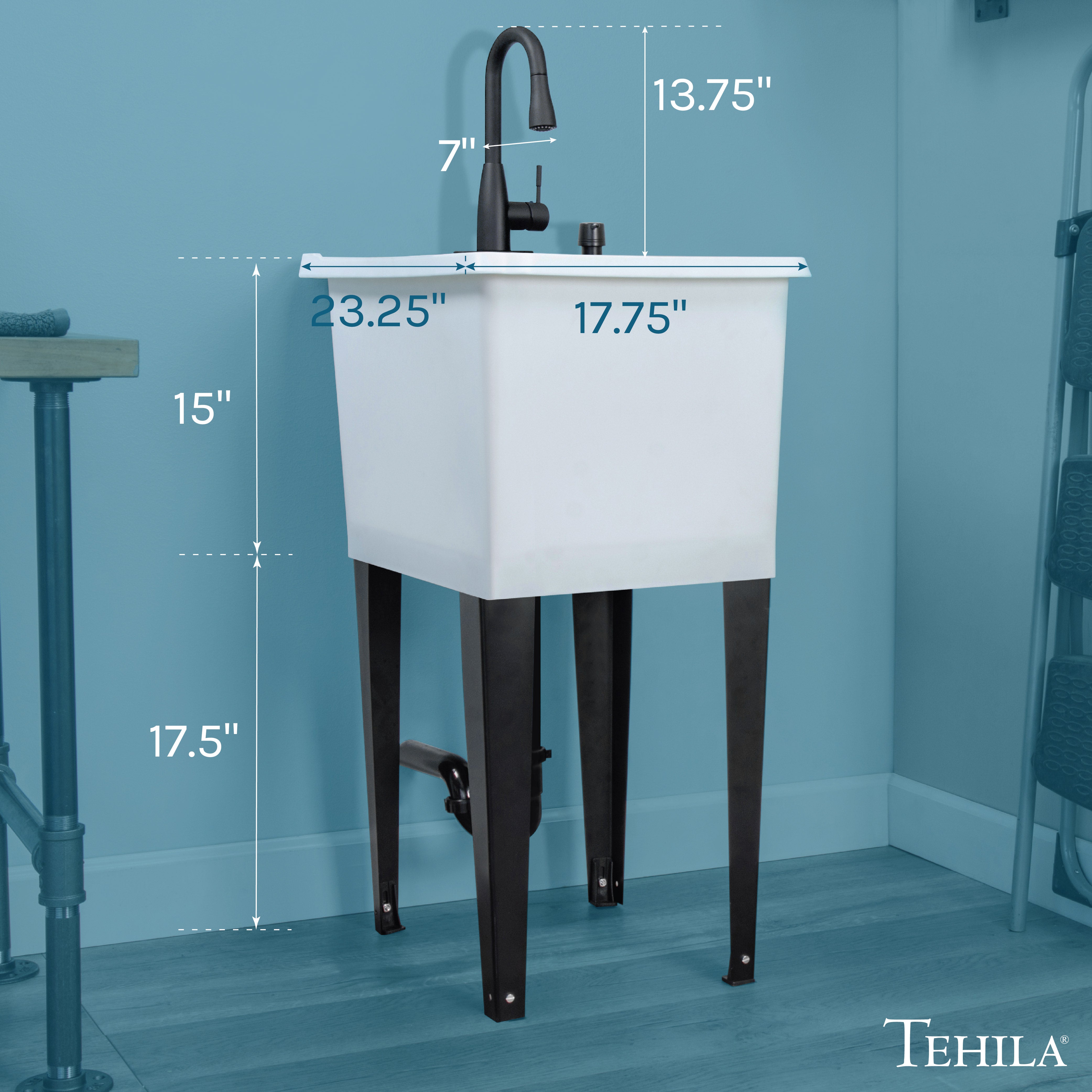 Tehila Space Saver Freestanding White Utility Sink with Black Finish Low-Profile Pull-Down Faucet