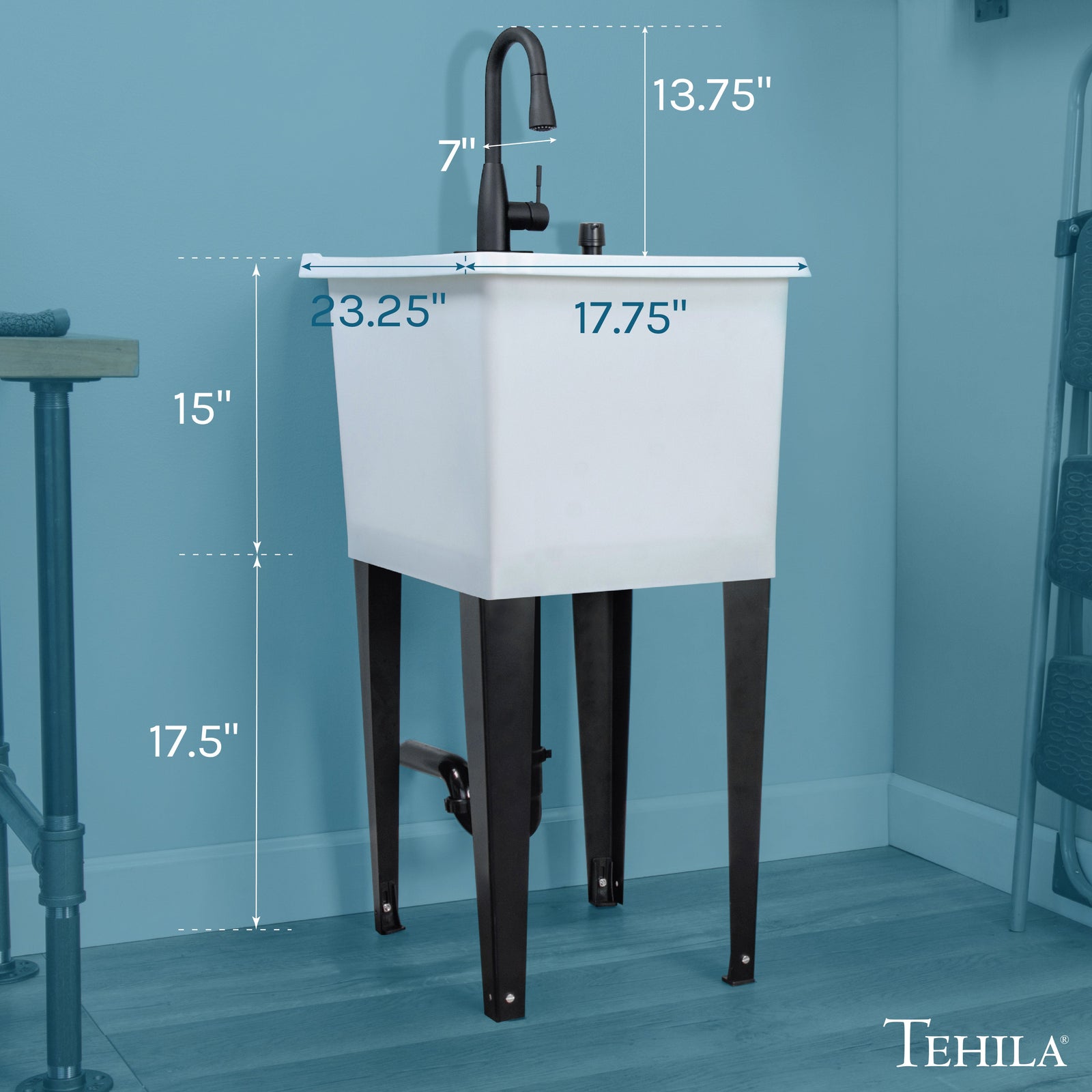 Tehila Space Saver Freestanding White Utility Sink with Black Finish Low-Profile Pull-Down Faucet