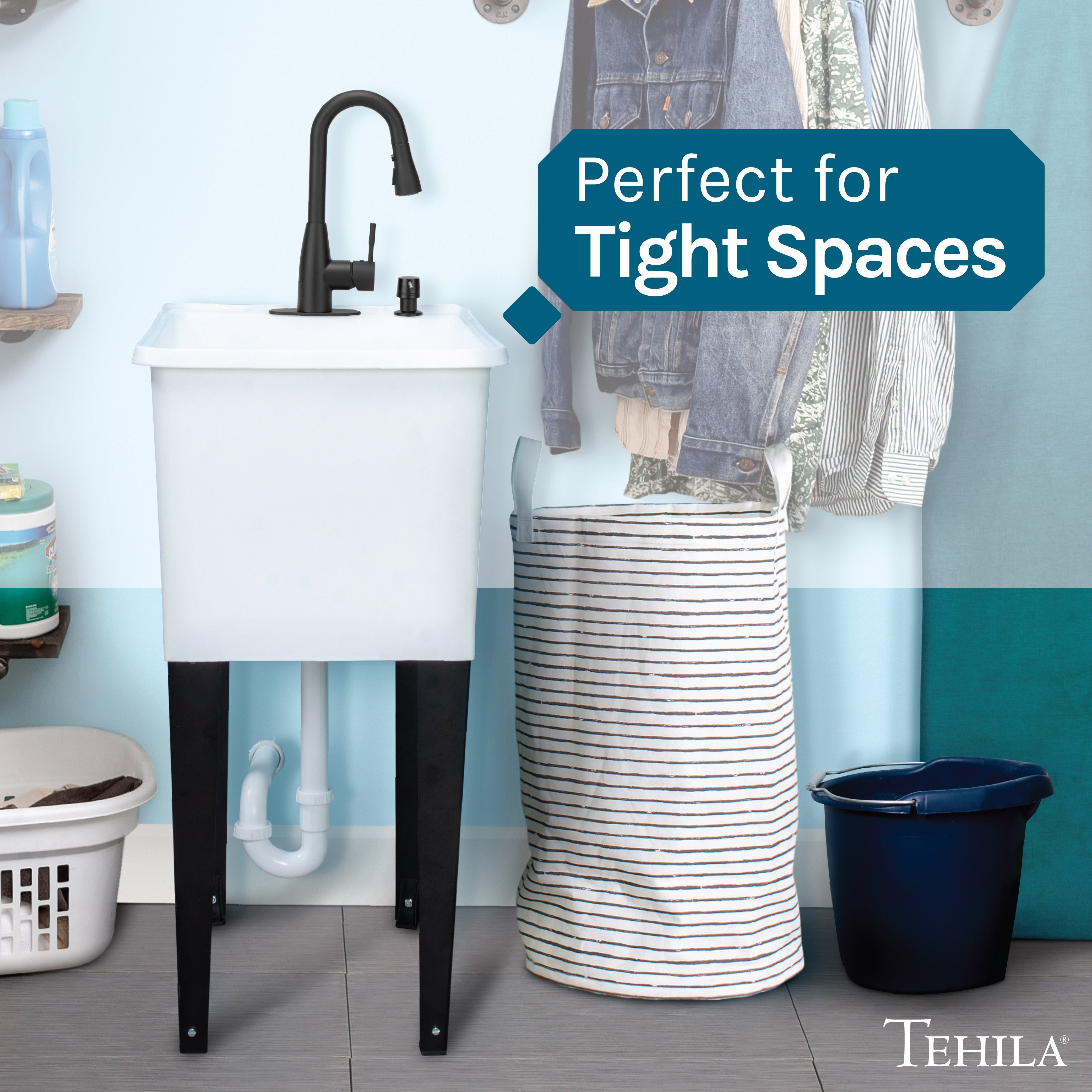 Tehila Space Saver Freestanding White Utility Sink with Black Finish Low-Profile Pull-Down Faucet
