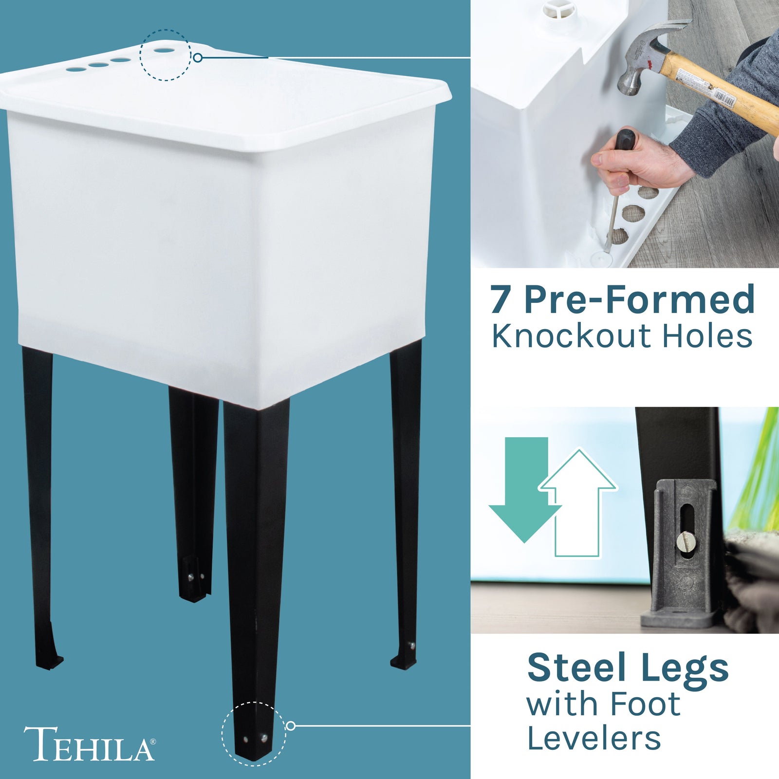 Tehila Space Saver Freestanding White Utility Sink with Black Finish Low-Profile Pull-Down Faucet