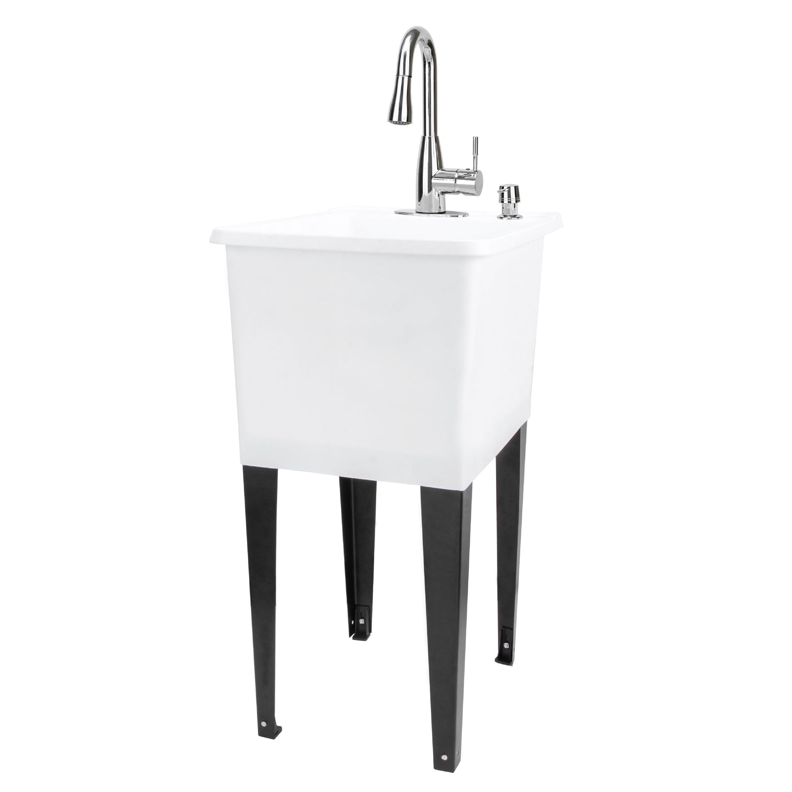 Tehila Space Saver Freestanding White Utility Sink with Chrome Finish Low-Profile Pull-Down Faucet