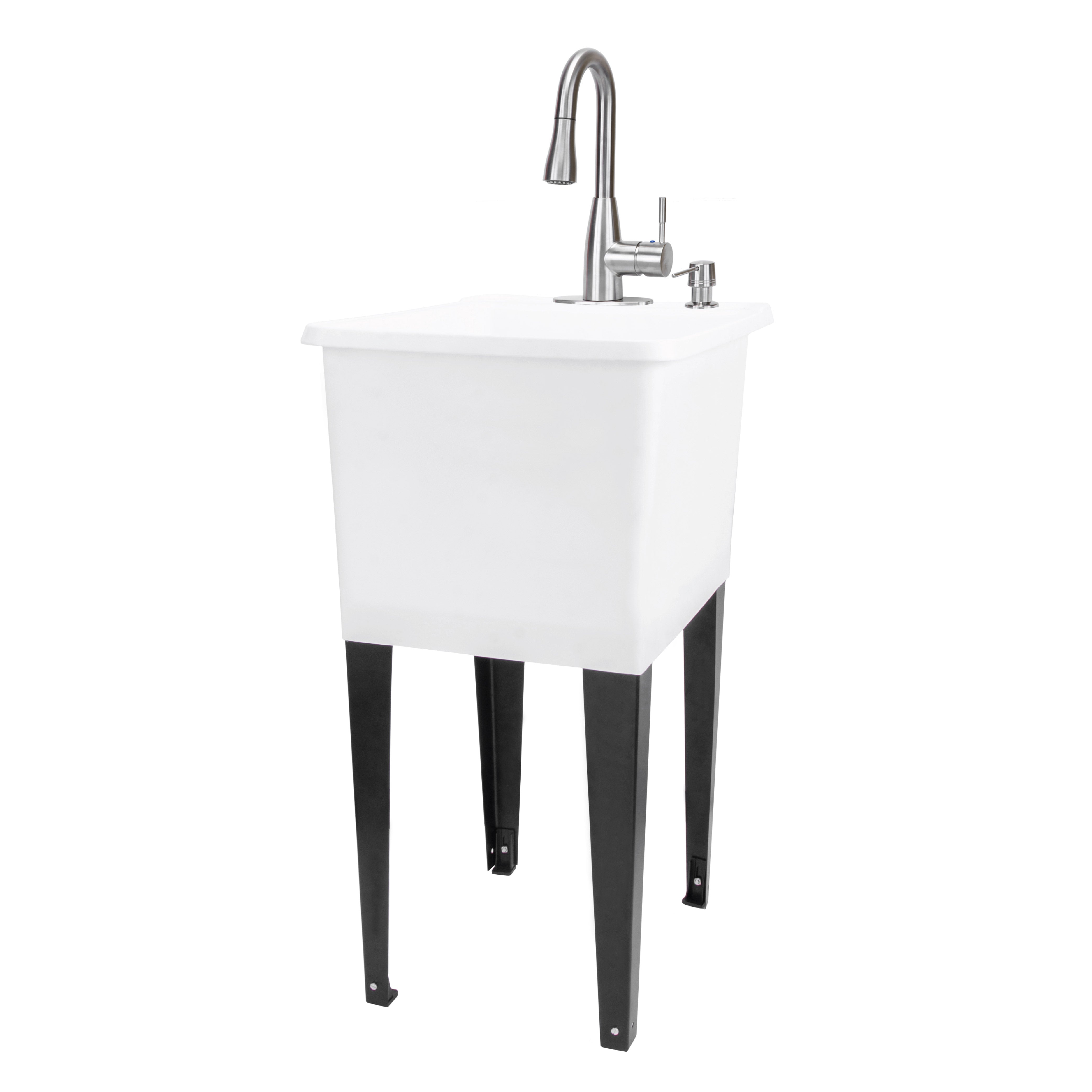 Tehila Space Saver Freestanding White Utility Sink with Stainless Steel Finish Low-Profile Pull-Down Faucet