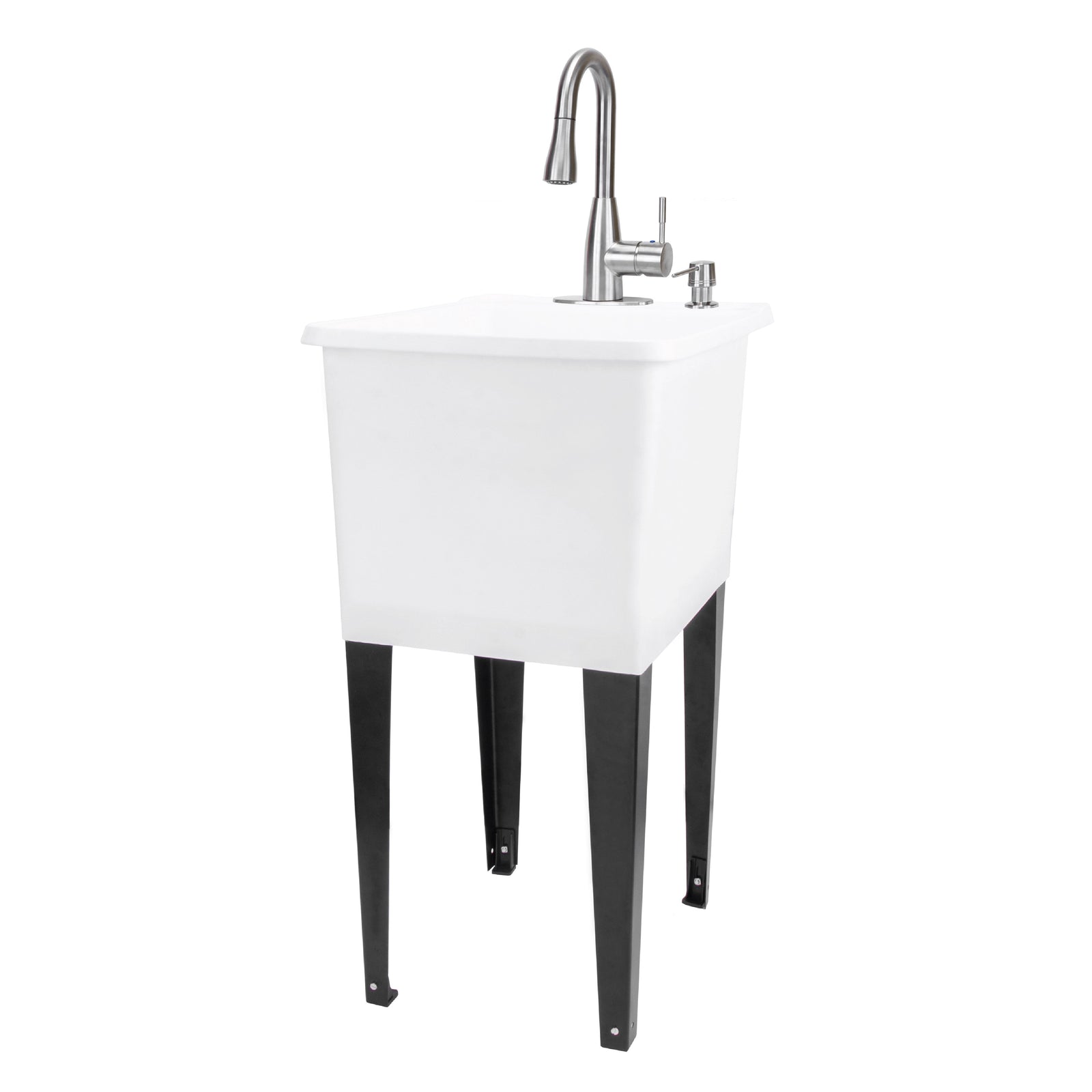 Tehila Space Saver Freestanding White Utility Sink with Stainless Steel Finish Low-Profile Pull-Down Faucet