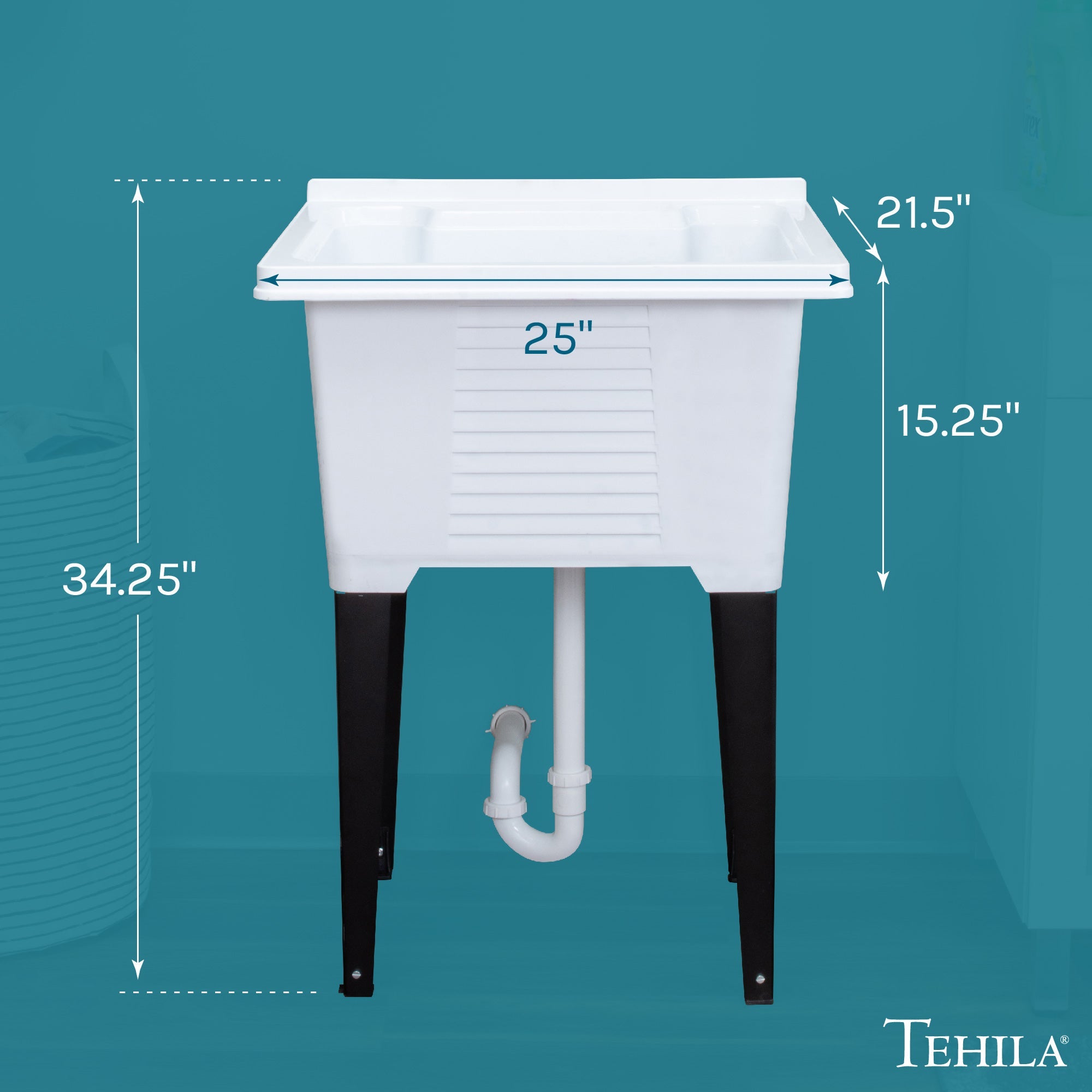 Tehila Luxe Freestanding White Utility Sink with Drainage Kit, No Supply Lines, No Strainer Basket