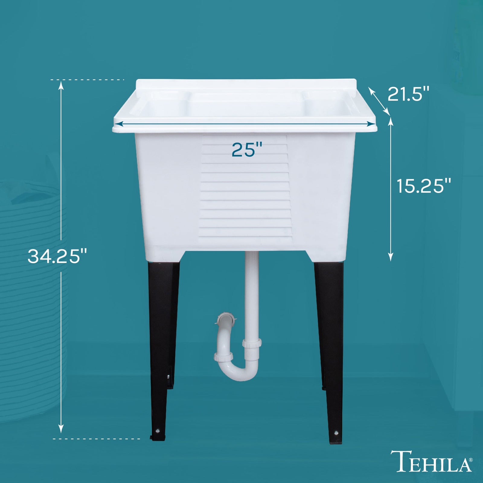 Tehila Luxe Freestanding White Utility Sink with Drainage Kit, No Supply Lines, No Strainer Basket