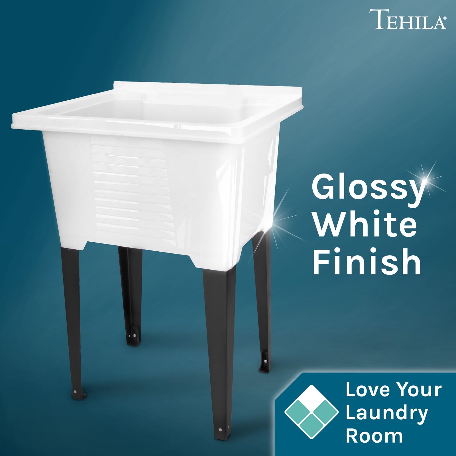 Tehila Luxe Freestanding White Utility Sink with Drainage Kit, No Supply Lines, No Strainer Basket