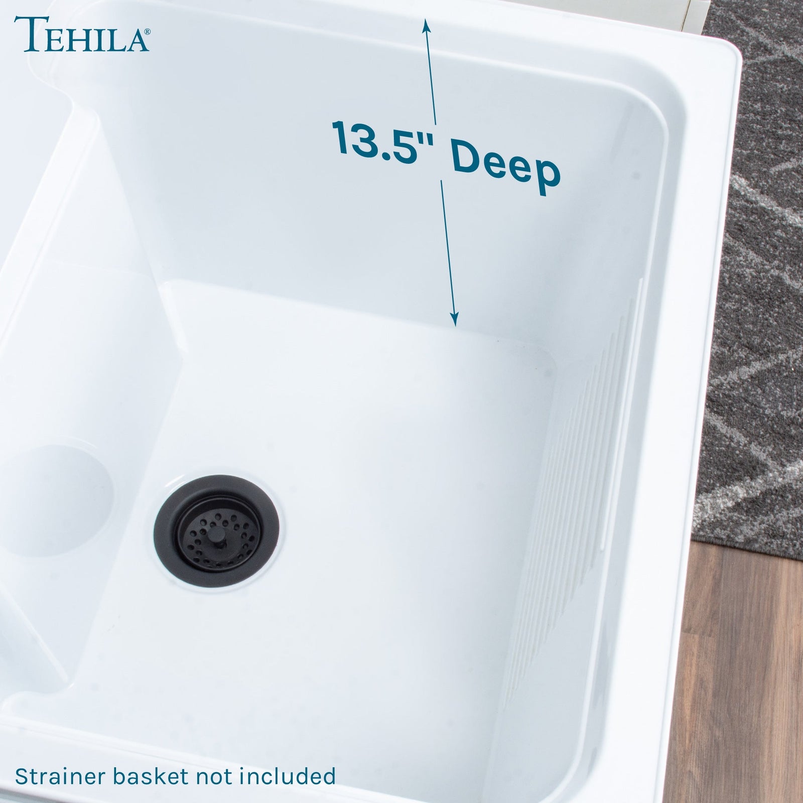 Tehila Luxe Freestanding White Utility Sink with Drainage Kit, No Supply Lines, No Strainer Basket