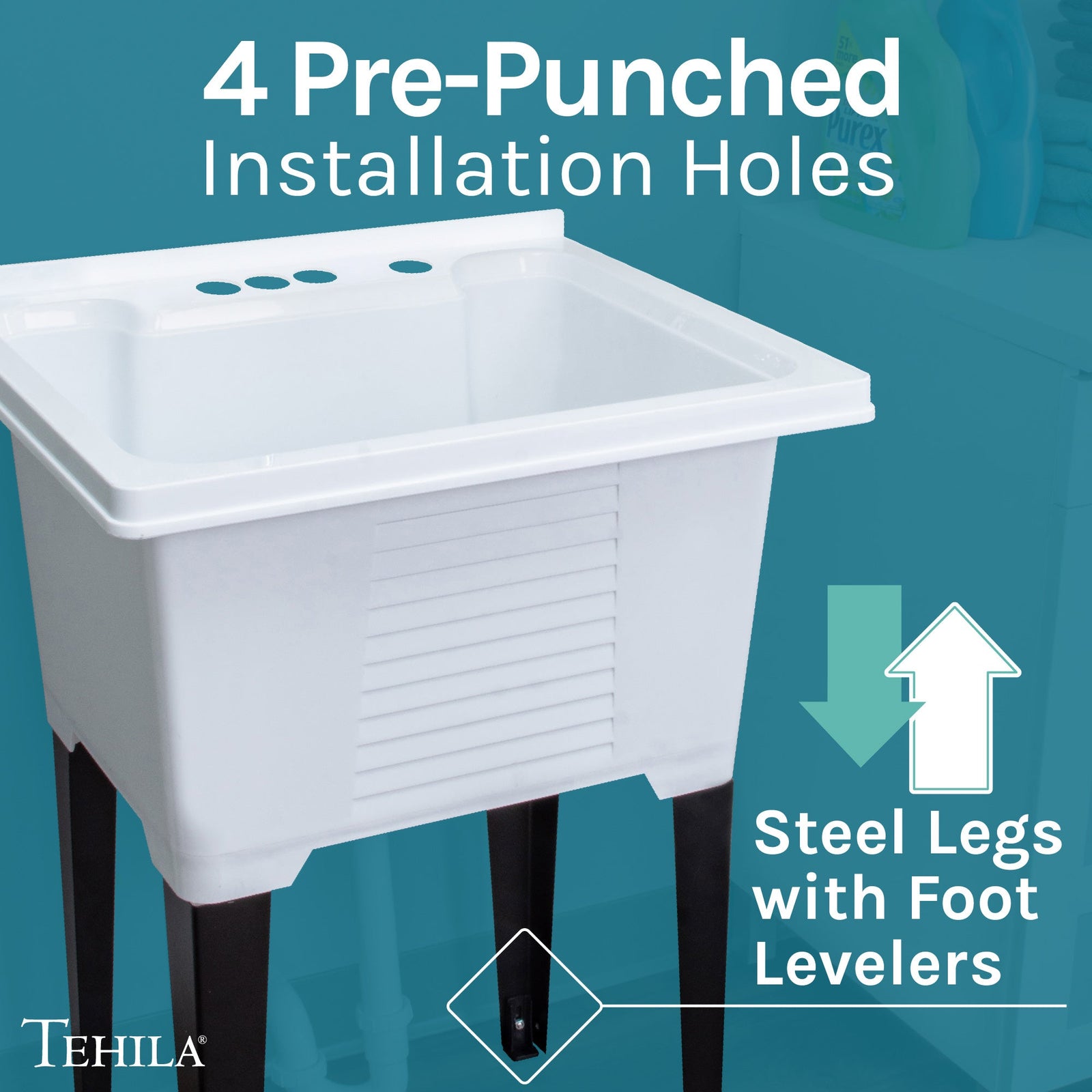 Tehila Luxe Freestanding White Utility Sink with Drainage Kit, No Supply Lines, No Strainer Basket