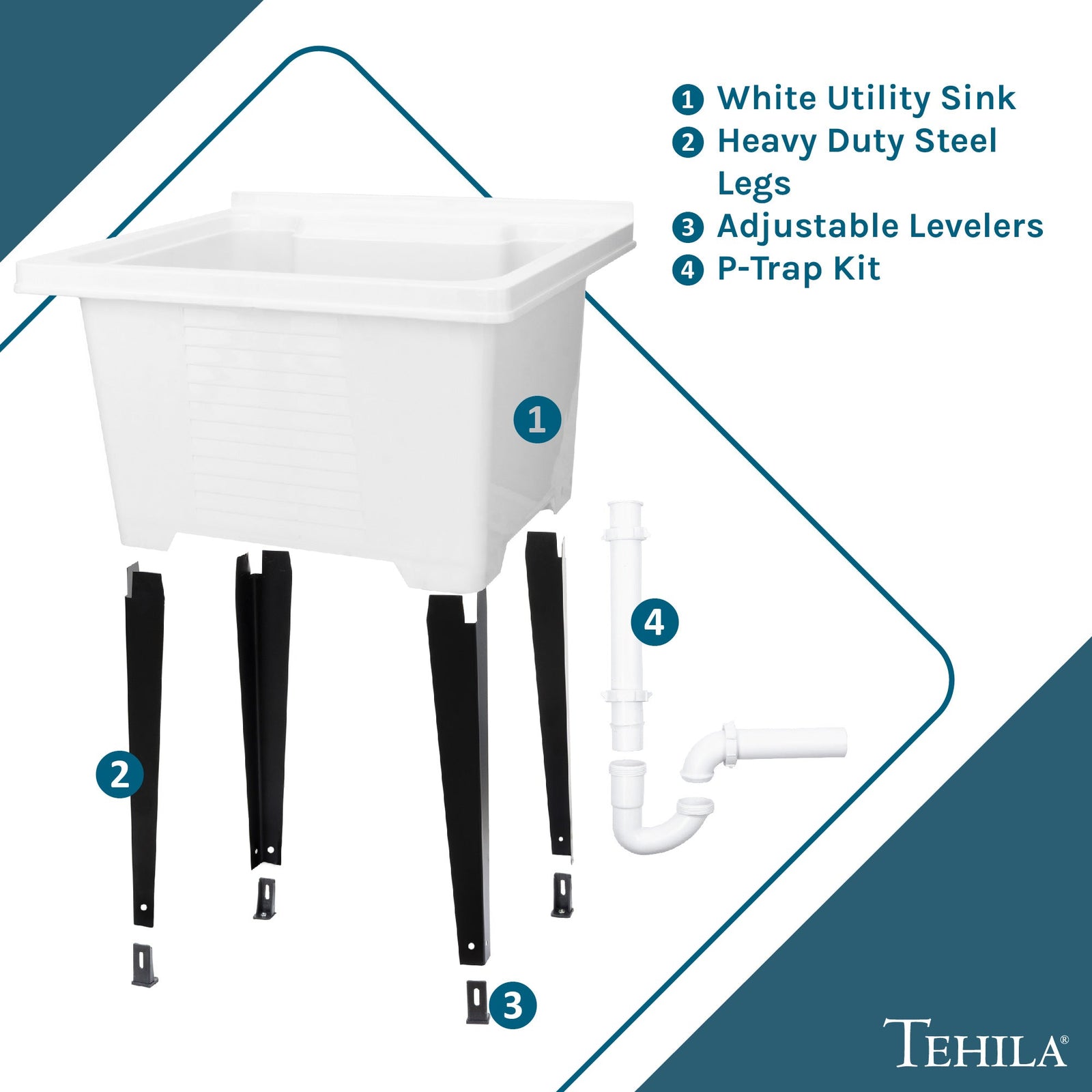 Tehila Luxe Freestanding White Utility Sink with Drainage Kit, No Supply Lines, No Strainer Basket