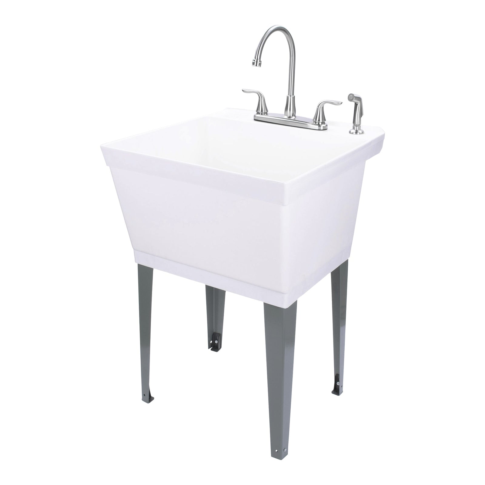 Tehila Standard Freestanding White Utility Sink with Grey Legs and Stainless Steel Finish Wide-set Gooseneck Faucet with Side Sprayer