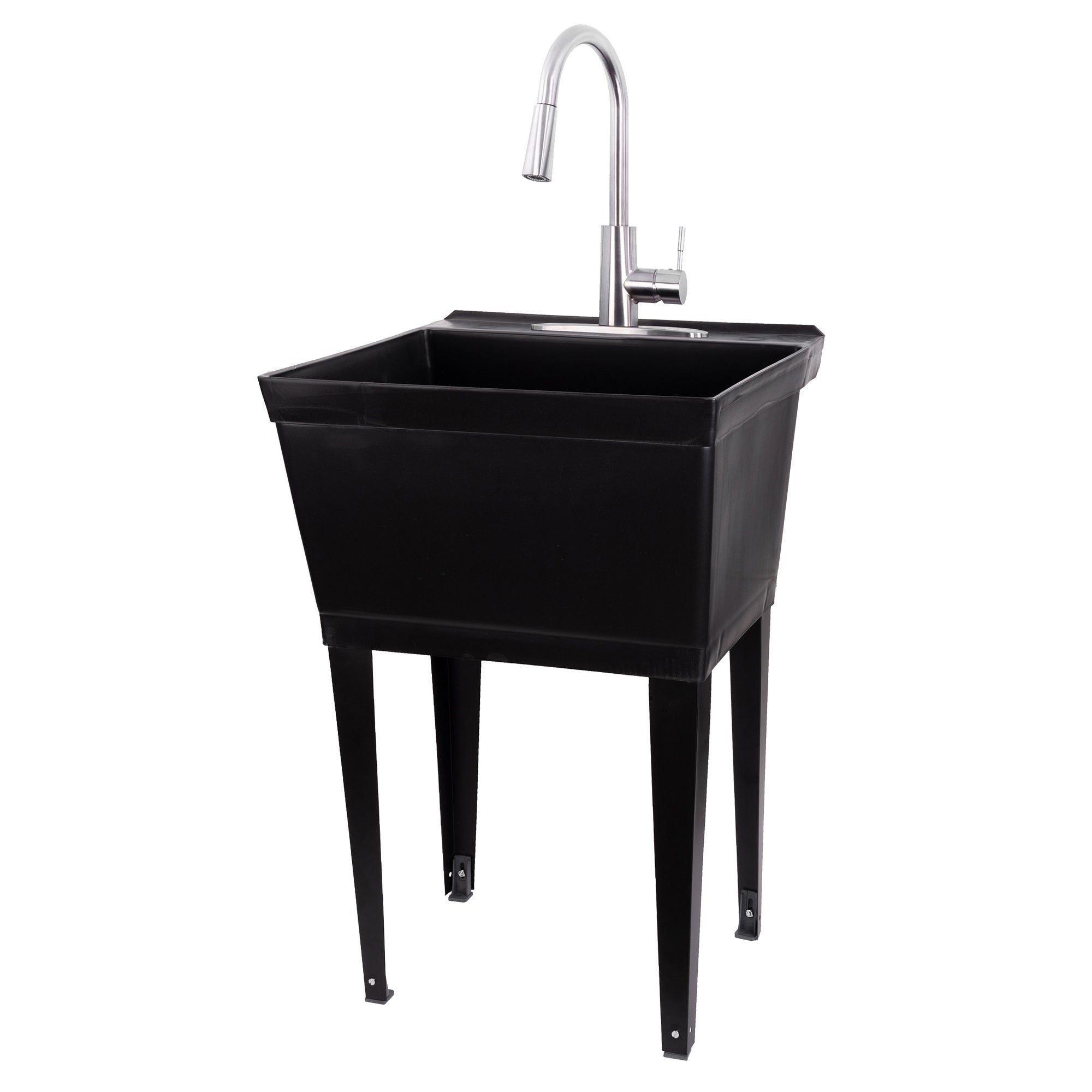 Tehila Standard Freestanding Black Utility Sink with Stainless Steel Finish High-Arc Pull-Down Faucet