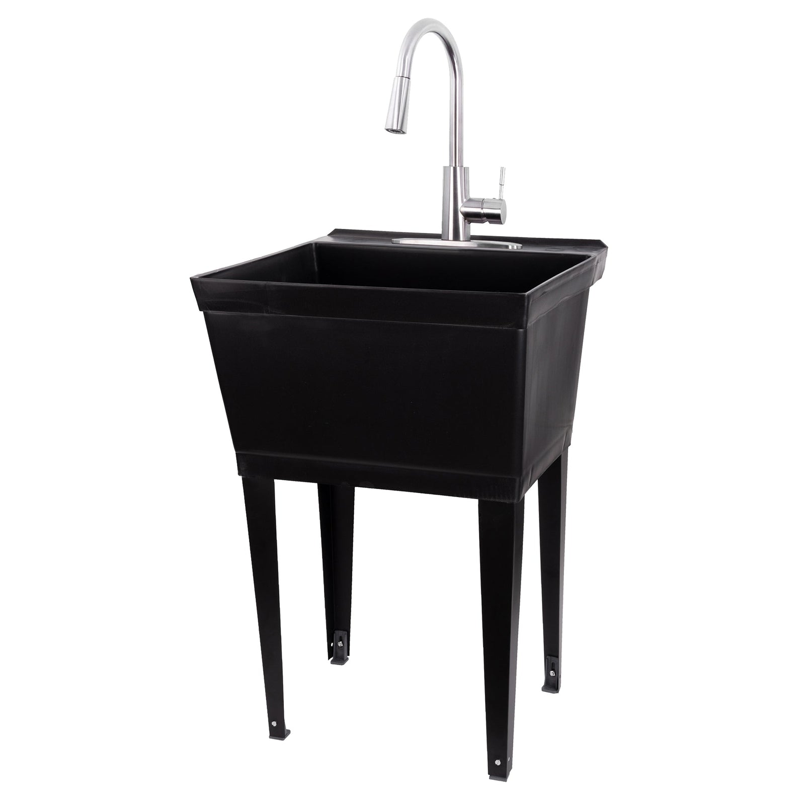 Tehila Standard Freestanding Black Utility Sink with Stainless Steel Finish High-Arc Pull-Down Faucet