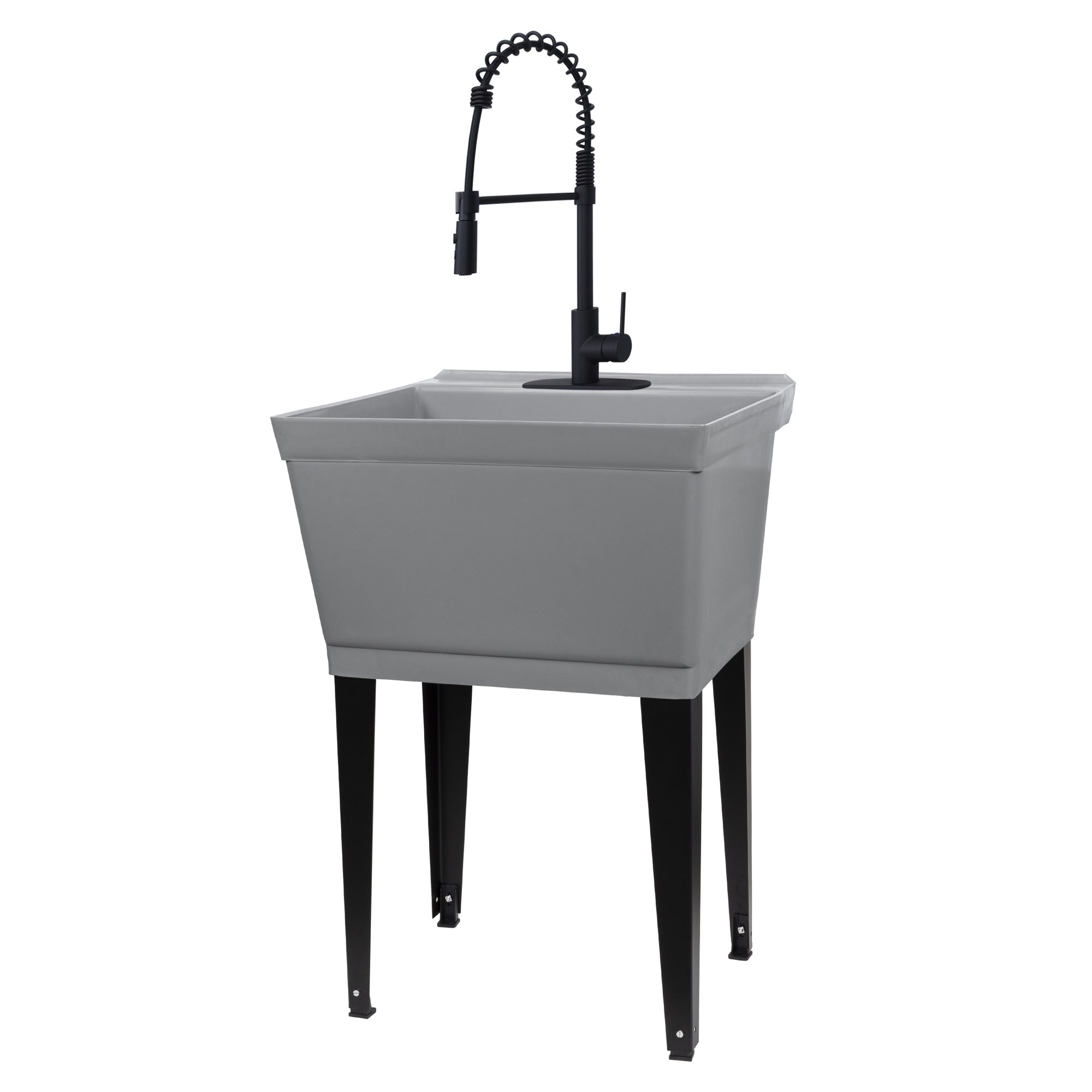 Tehila Standard Freestanding Grey Utility Sink with Black Finish High-Arc Coil Pull-Down Faucet