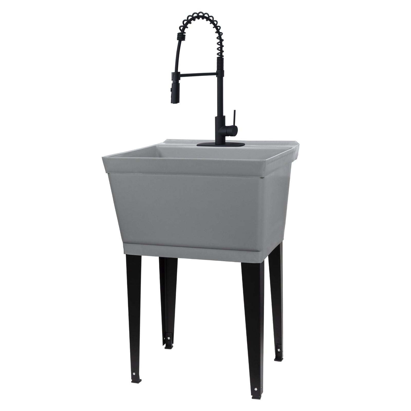 Tehila Standard Freestanding Grey Utility Sink with Black Finish High-Arc Coil Pull-Down Faucet