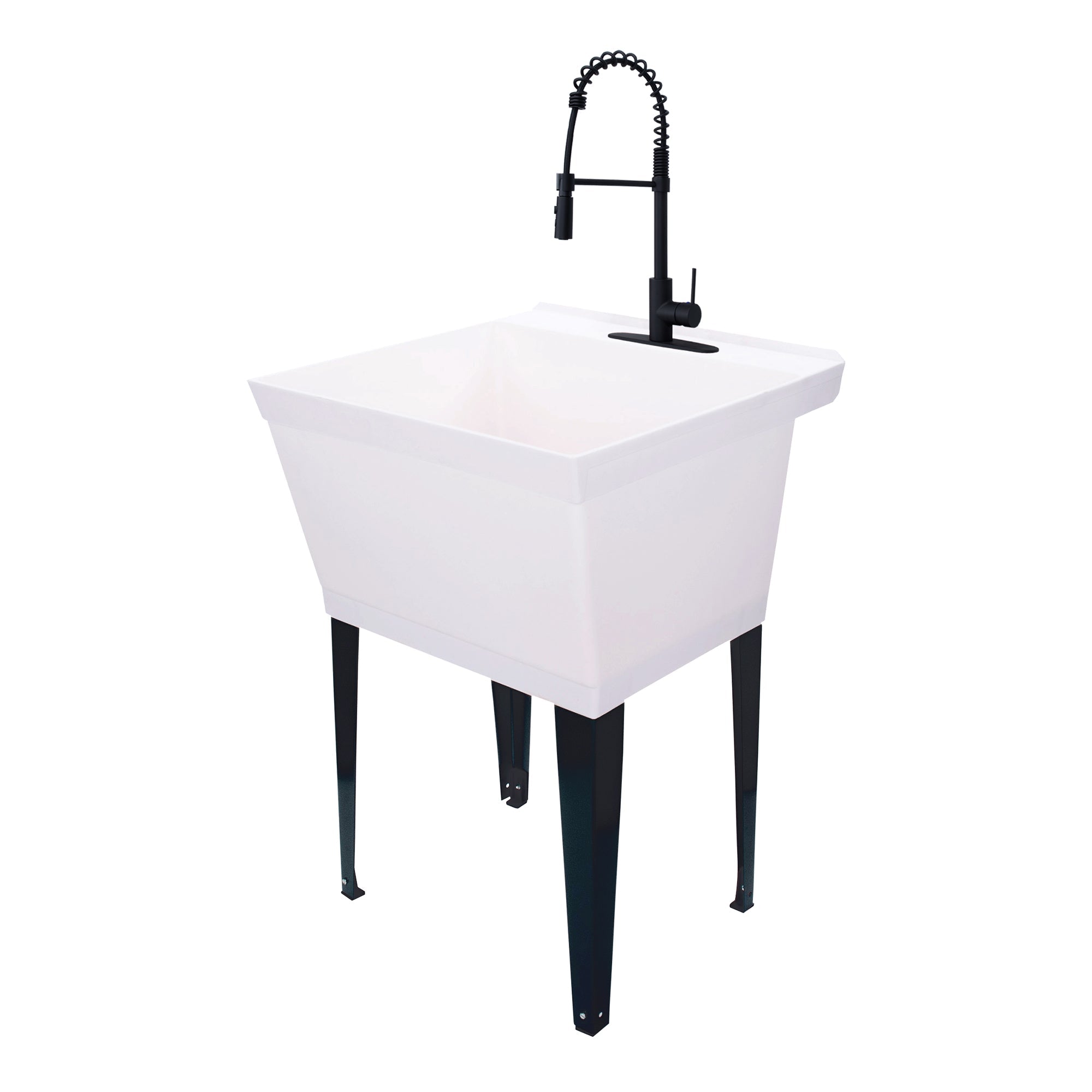 Tehila Standard Freestanding White Utility Sink with Black Finish High-Arc Coil Pull-Down Faucet