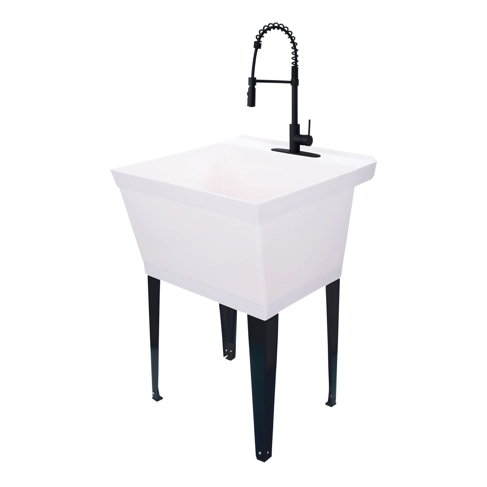 Tehila Standard Freestanding White Utility Sink with Black Finish High-Arc Coil Pull-Down Faucet
