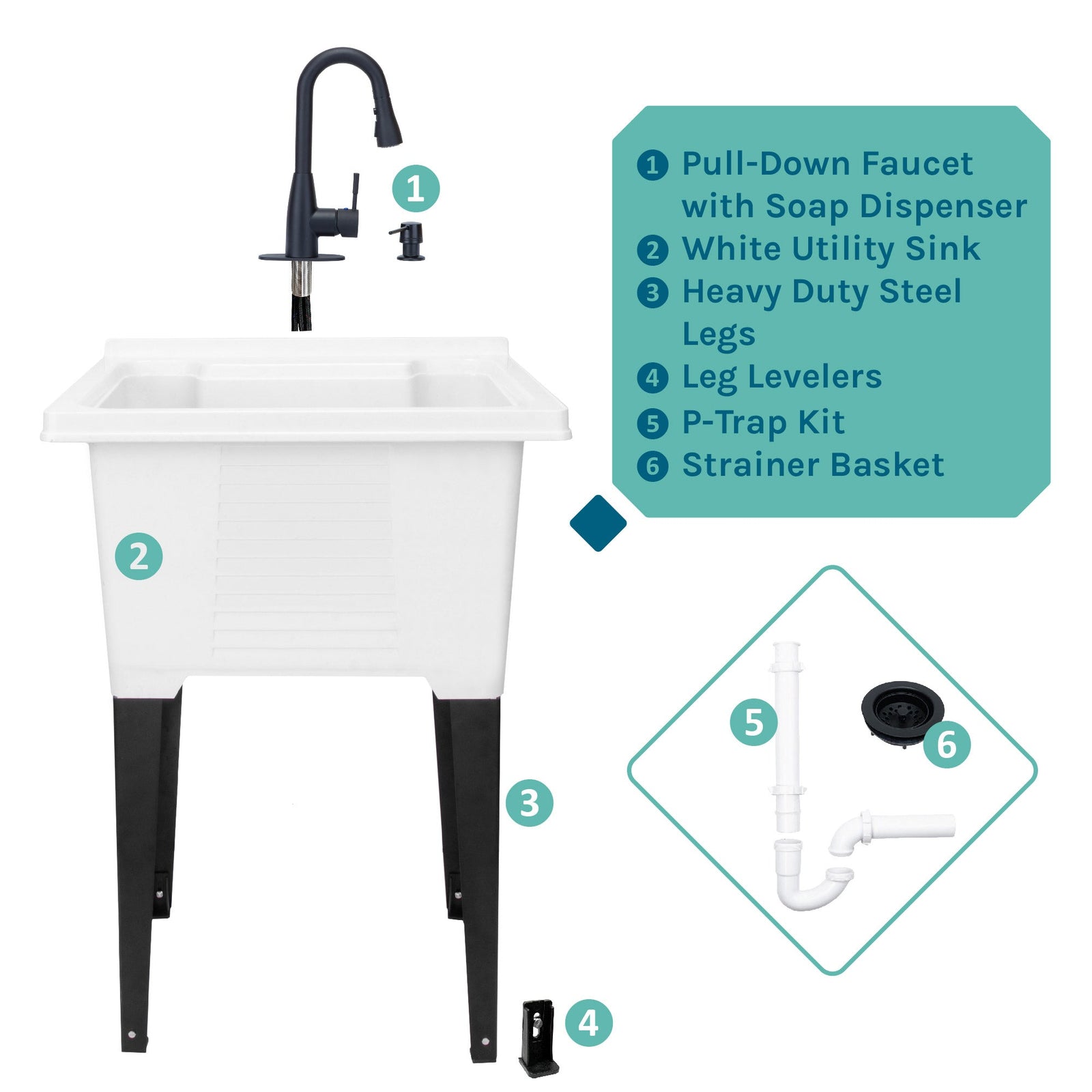Tehila Luxe Freestanding White Utility Sink with Black Finish Low-Profile Pull-Down Faucet